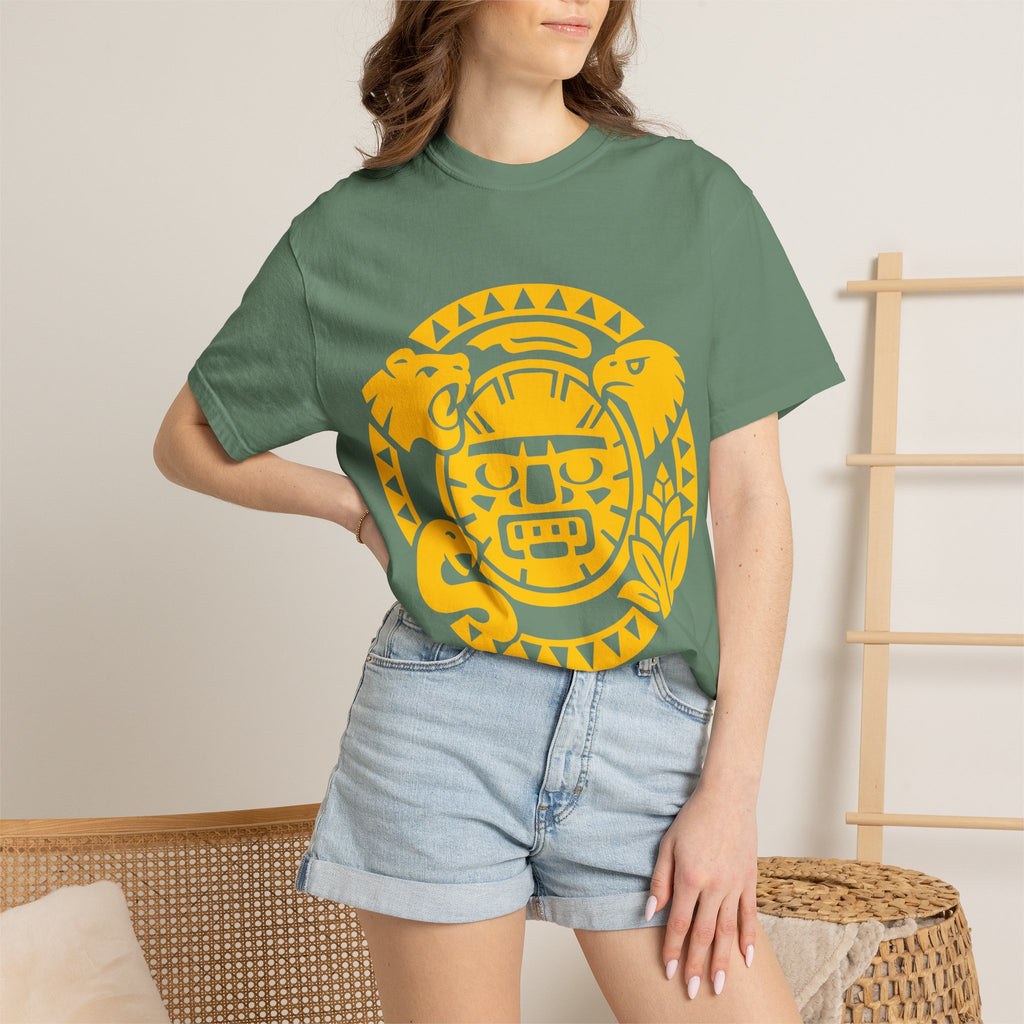 Aztec Sun Glyph T-Shirt — Yellow Graphic Tribal Tee