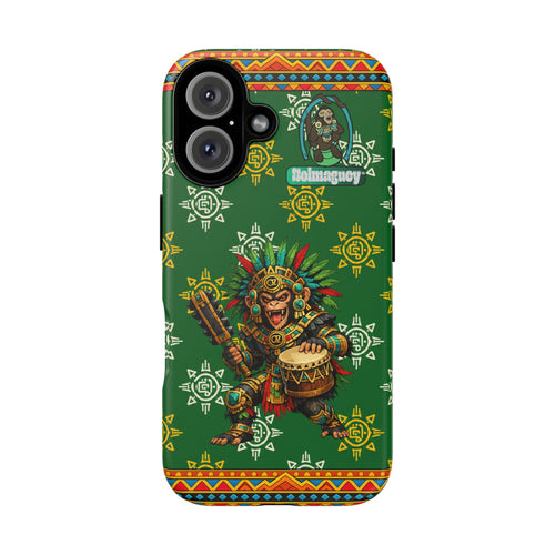 Aztec Monkey Warrior Tough Phone Case — Green Cultural Sun Pattern Protective Case