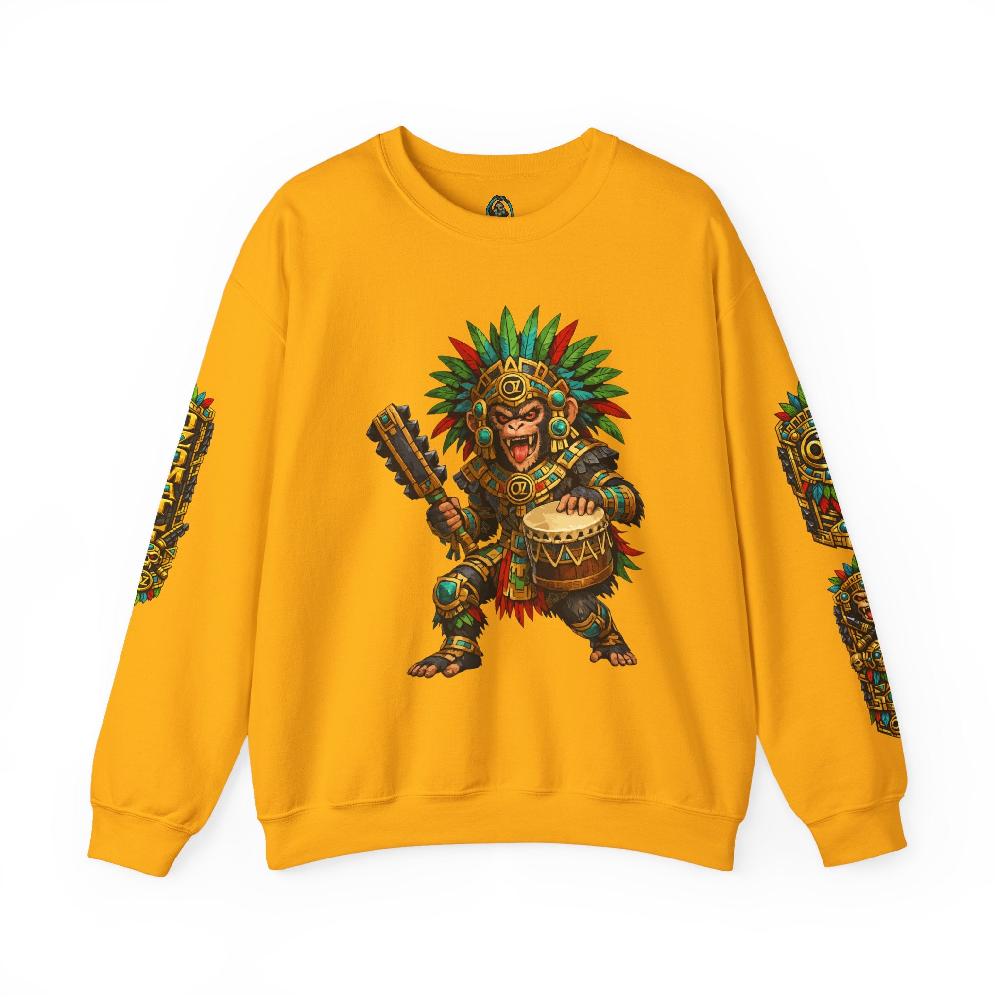 Aztec Tribal Monkey Drummer Crewneck Sweatshirt — Ozomatli Drum Warrior Design