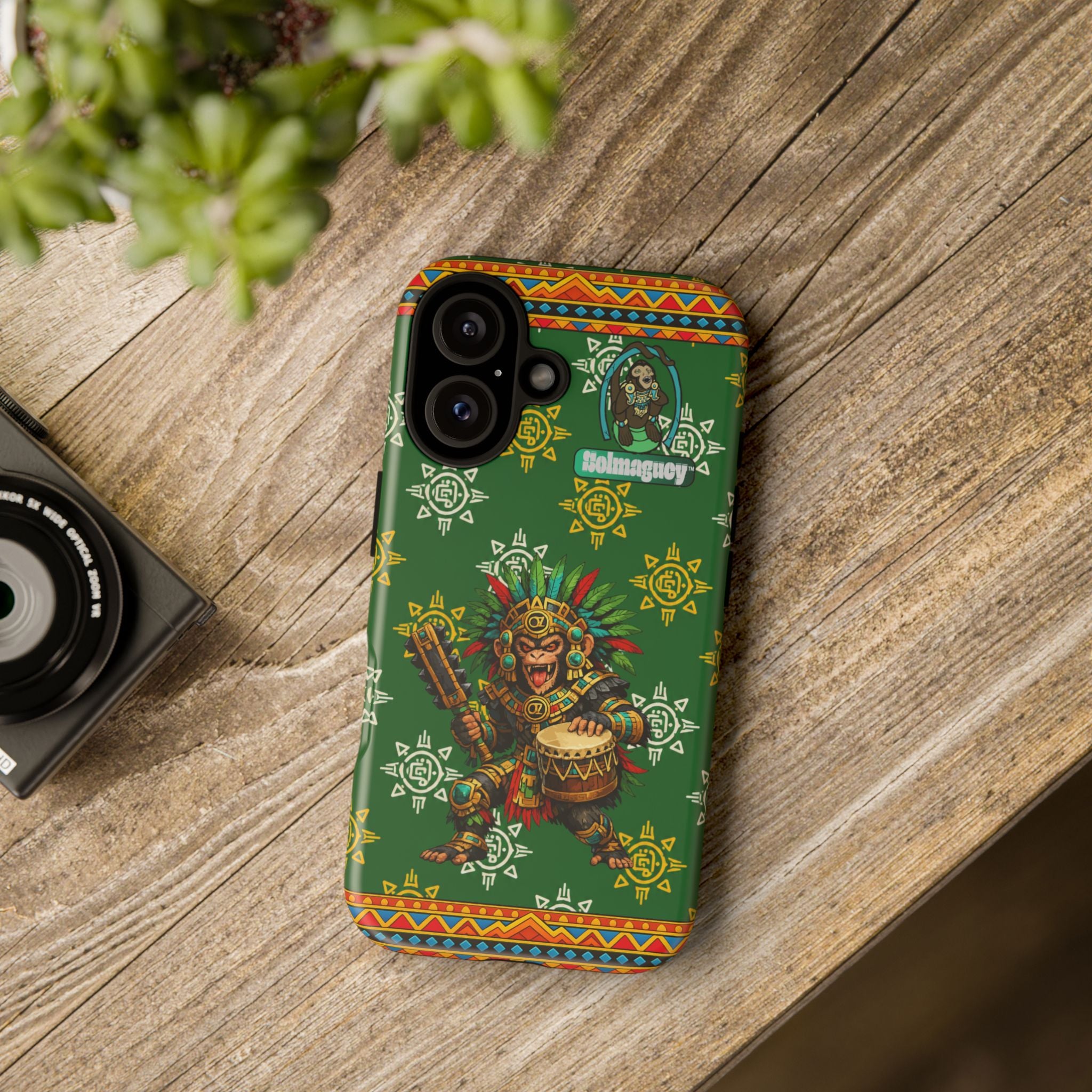 Aztec Monkey Warrior Tough Phone Case — Green Cultural Sun Pattern Protective Case