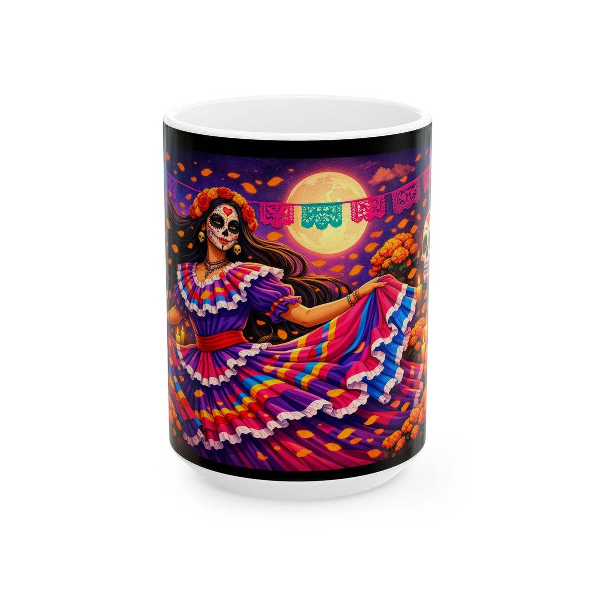 Day of the Dead Ceramic Mug — Colorful Catrina Dance Design (11oz, 15oz)