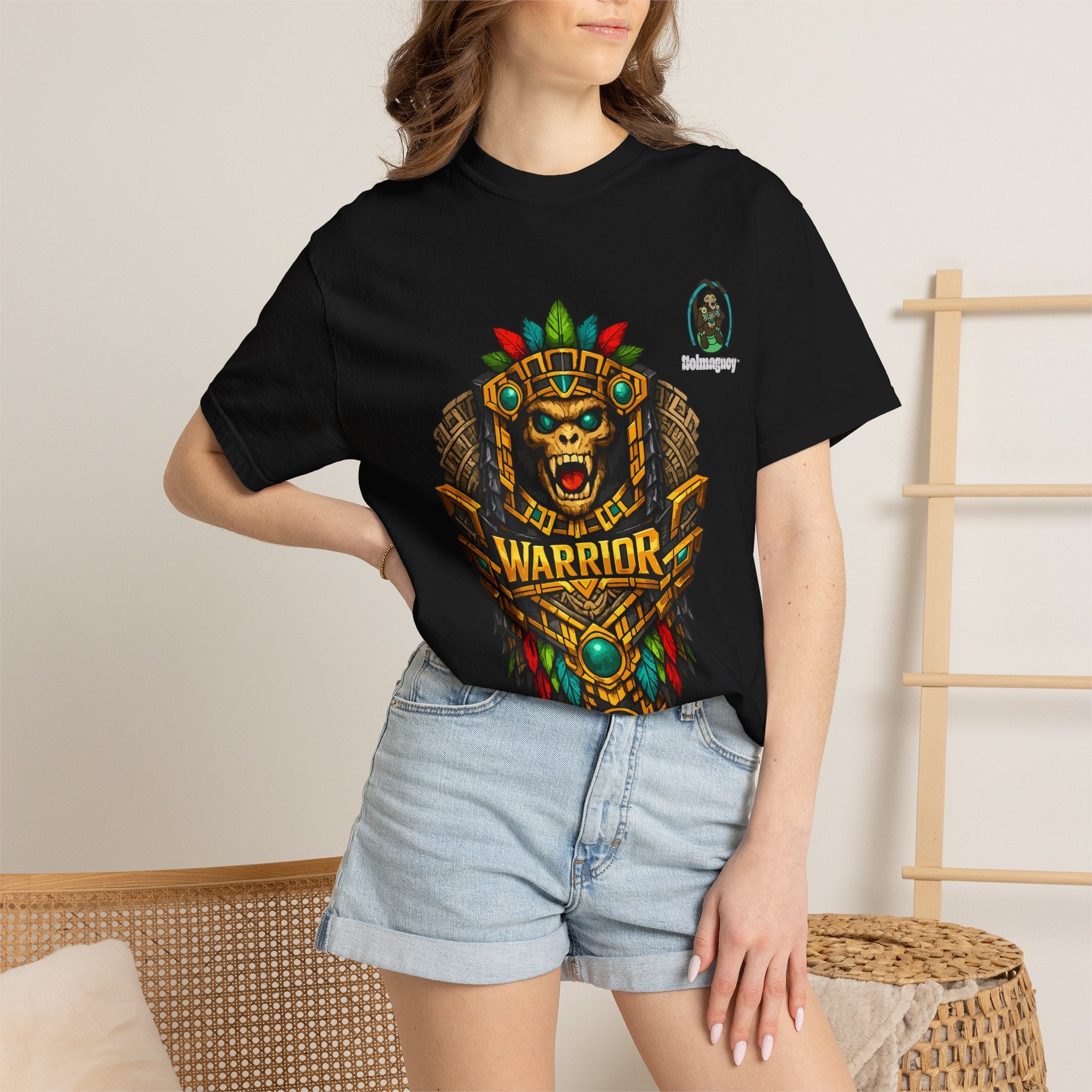 Aztec Monkey Warrior T-Shirt — Bold Warrior Emblem & Drum Warrior Back Design