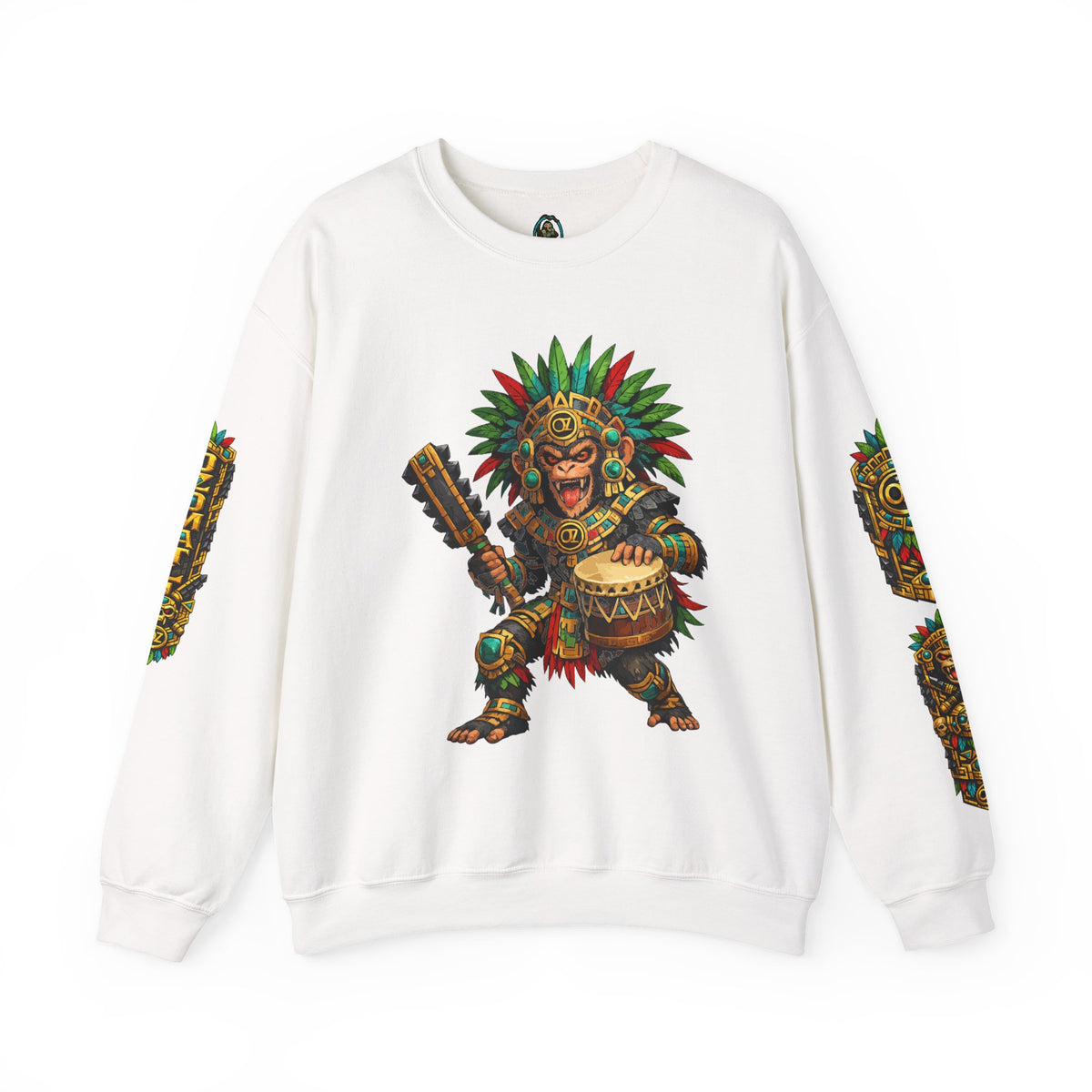 Aztec Tribal Monkey Drummer Crewneck Sweatshirt — Ozomatli Drum Warrior Design