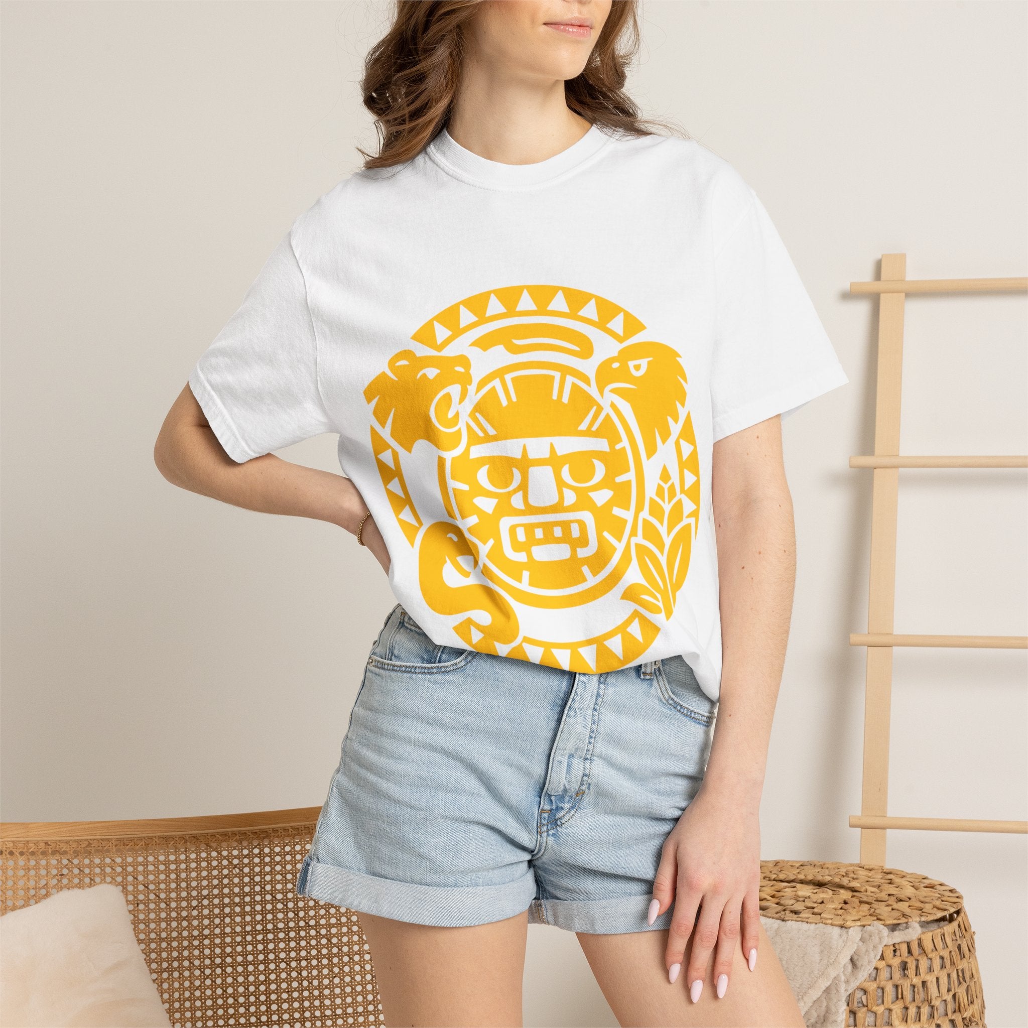 Aztec Sun Glyph T-Shirt — Yellow Graphic Tribal Tee