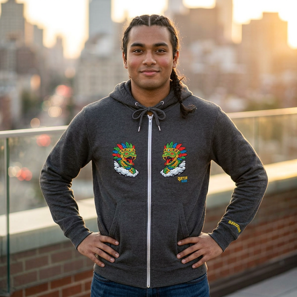 Quetzalcoatl Aztec Zip-Up Hoodie — Colorful Serpent & Calendar Design
