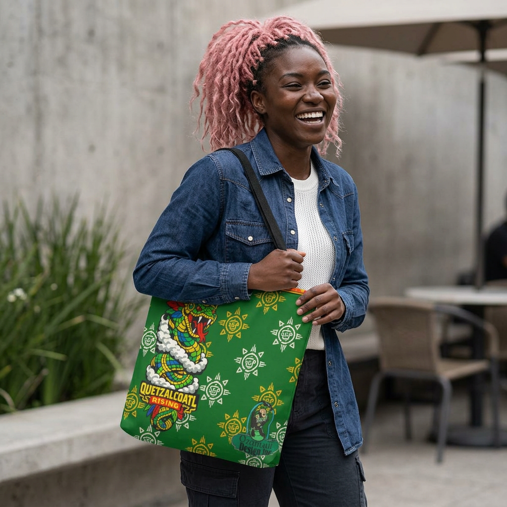 Quetzalcoatl Rising Tote Bag — Aztec Feathered Serpent All-Over Print