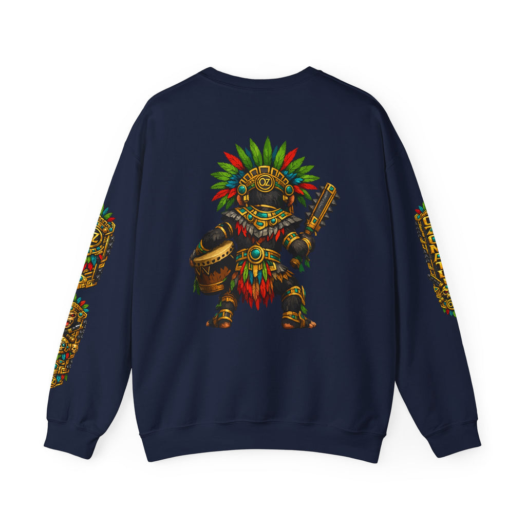 Aztec Tribal Monkey Drummer Crewneck Sweatshirt — Ozomatli Drum Warrior Design