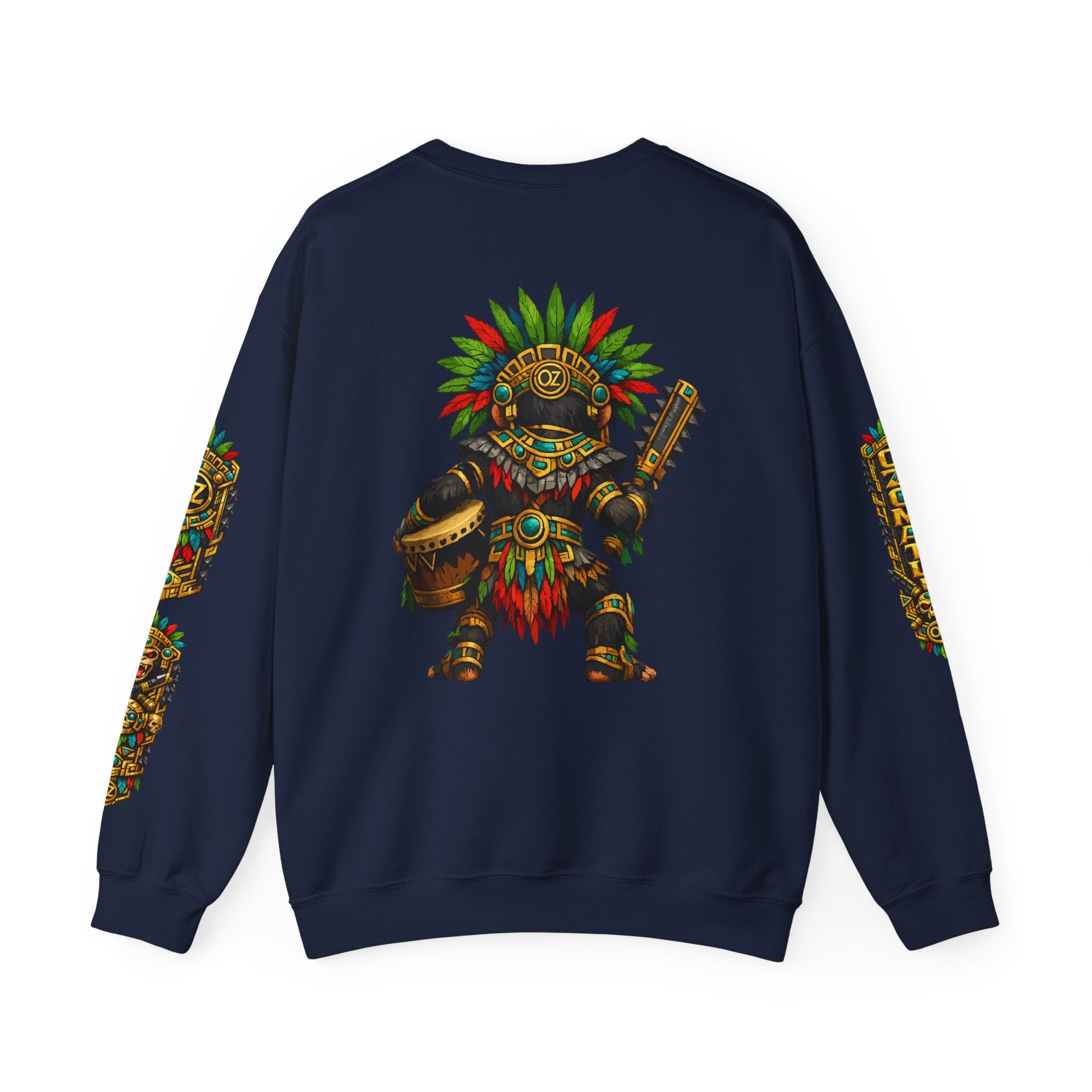 Aztec Tribal Monkey Drummer Crewneck Sweatshirt — Ozomatli Drum Warrior Design