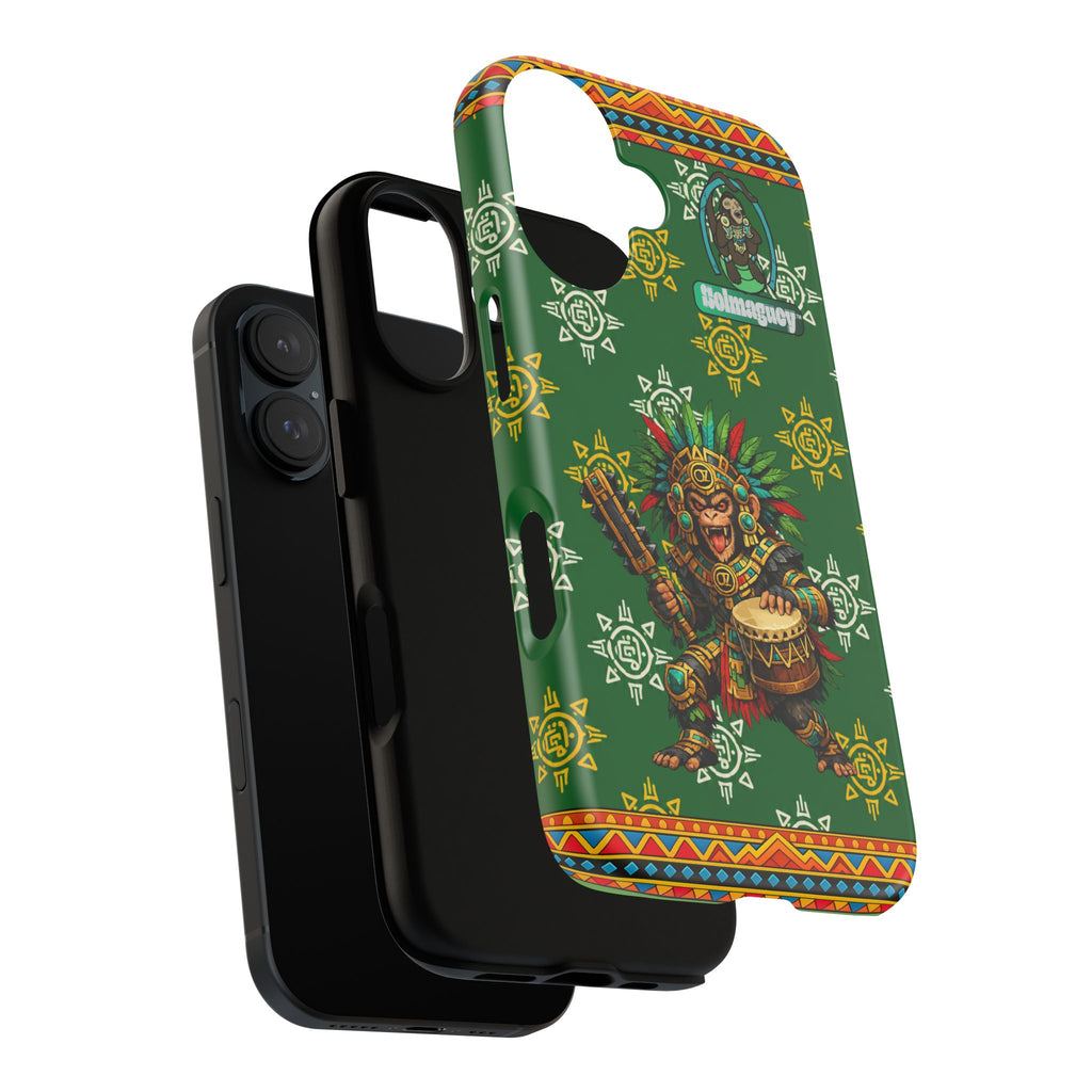 Aztec Monkey Warrior Tough Phone Case — Green Cultural Sun Pattern Protective Case