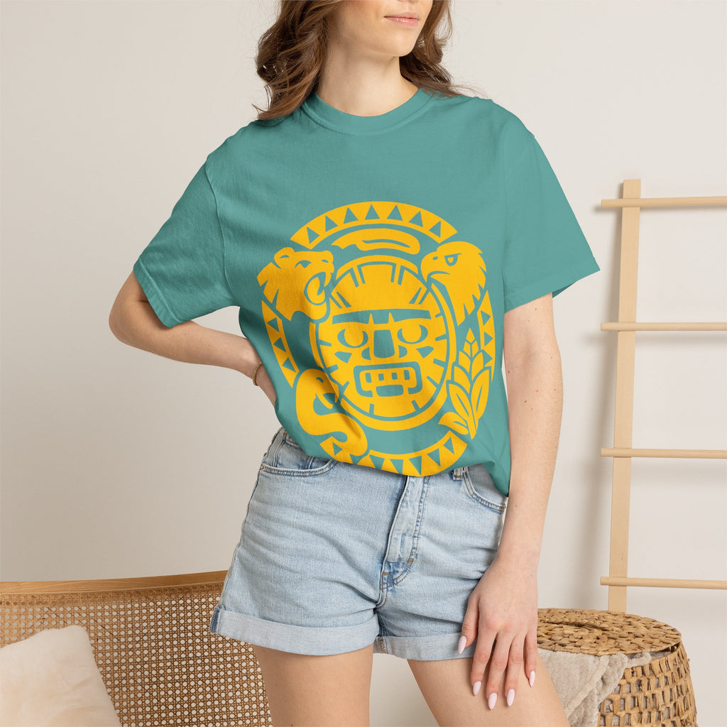 Aztec Sun Glyph T-Shirt — Yellow Graphic Tribal Tee