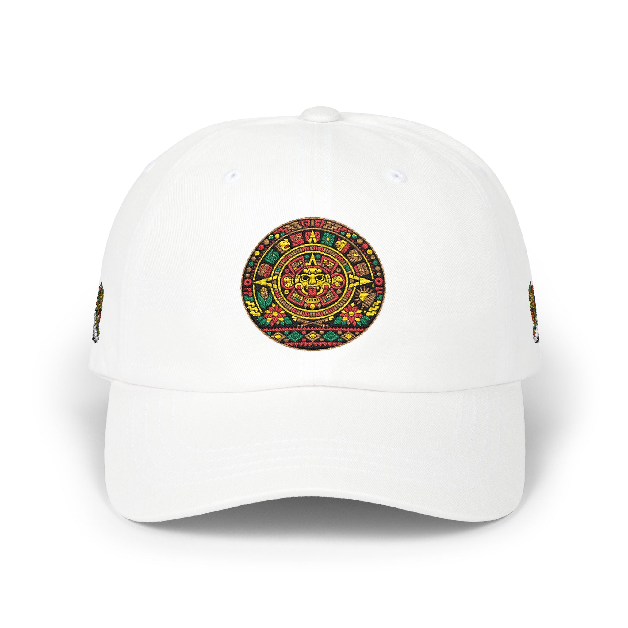 Dad Cap — Colorful Aztec Calendar & Quetzalcoatl Embroidered Hat