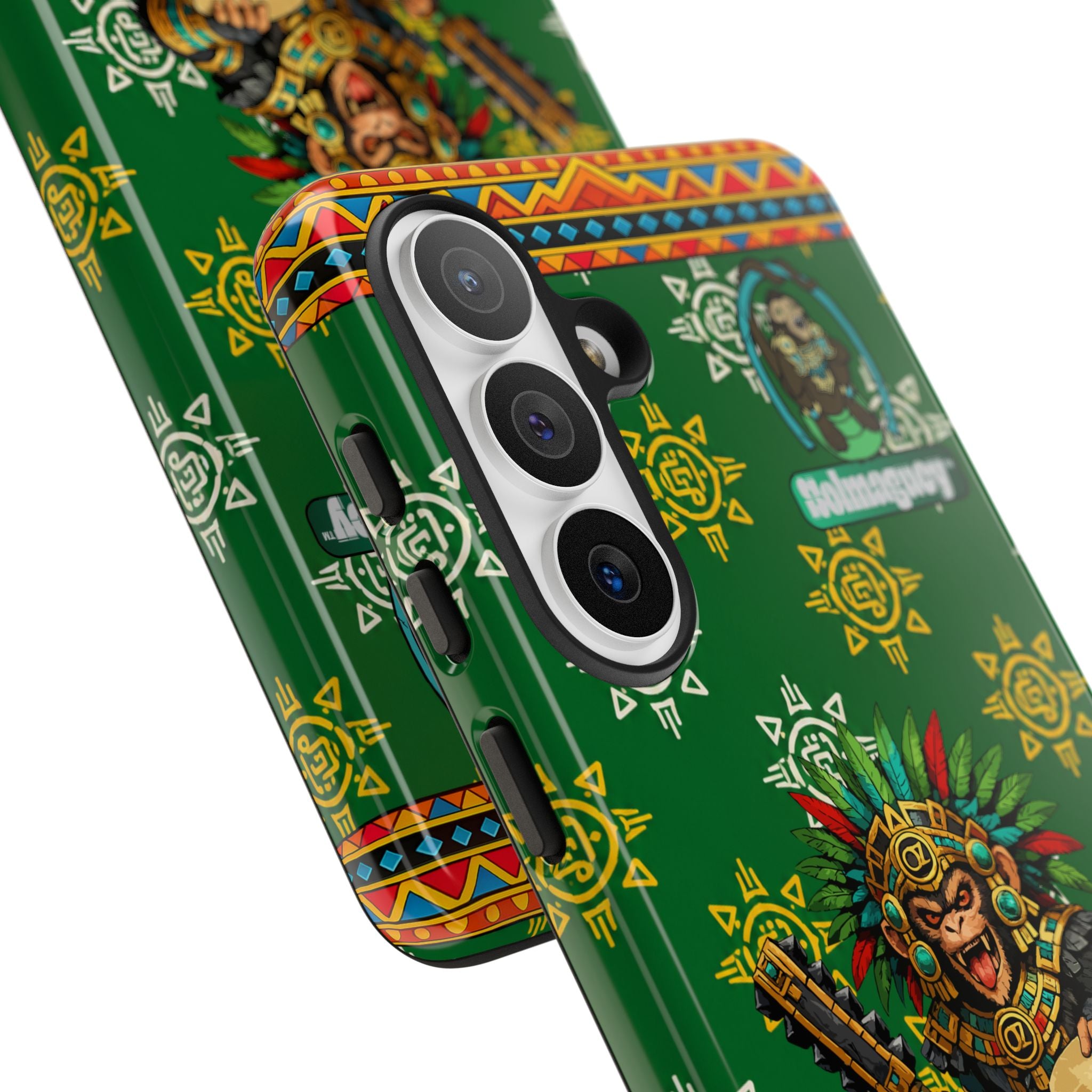 Aztec Monkey Warrior Tough Phone Case — Green Cultural Sun Pattern Protective Case