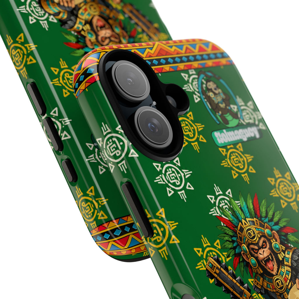Aztec Monkey Warrior Tough Phone Case — Green Cultural Sun Pattern Protective Case