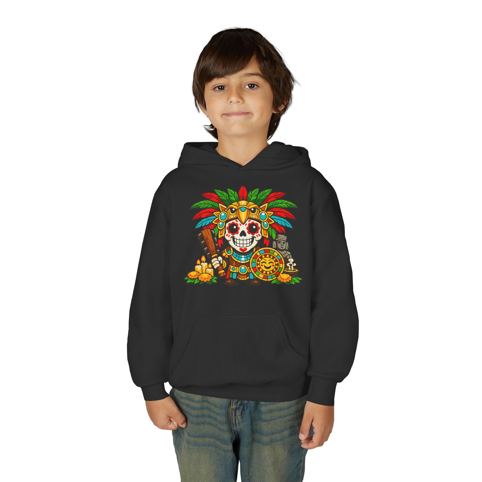Youth Hoodie — Colorful Aztec Sugar Skull & Warrior Kids Pullover