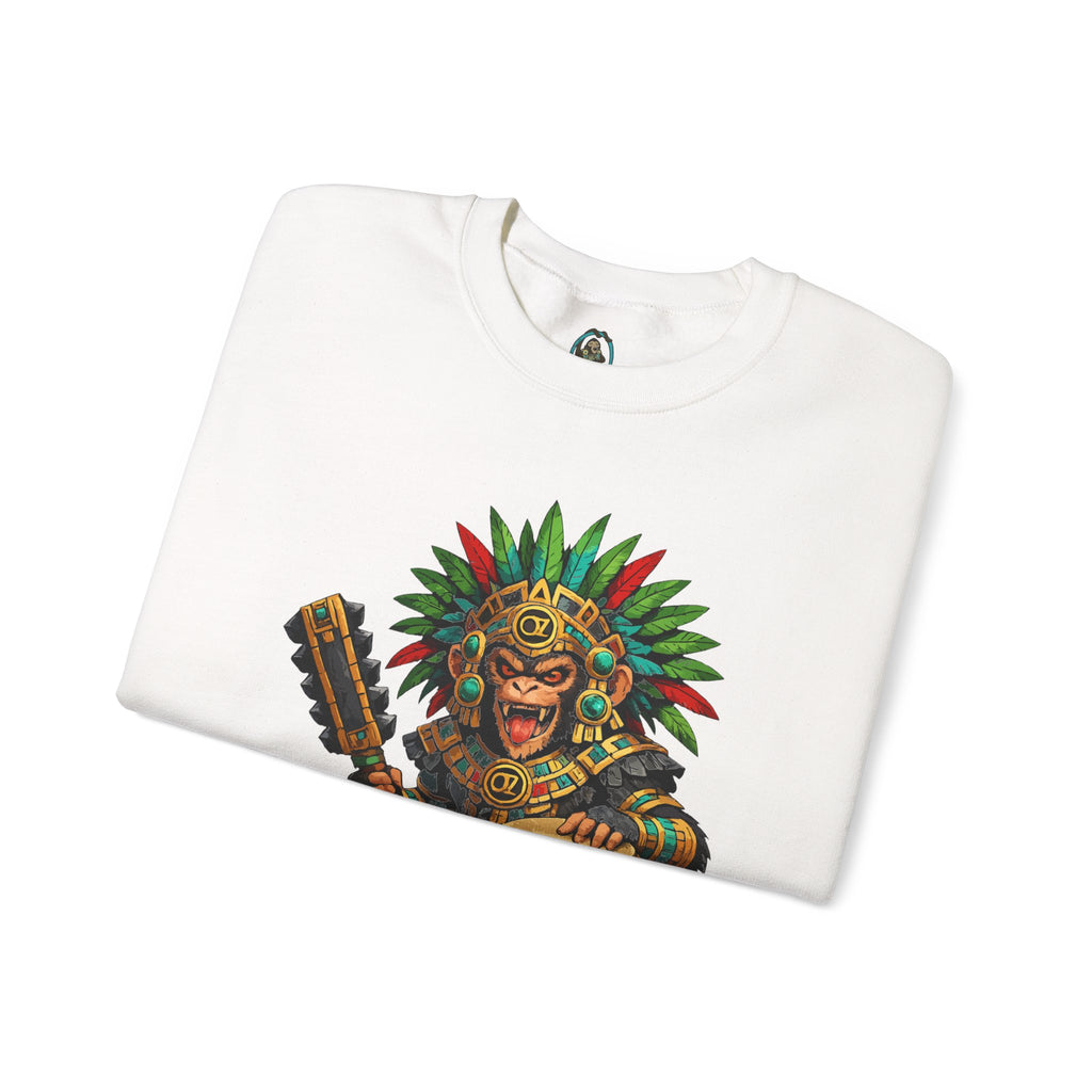 Aztec Tribal Monkey Drummer Crewneck Sweatshirt — Ozomatli Drum Warrior Design