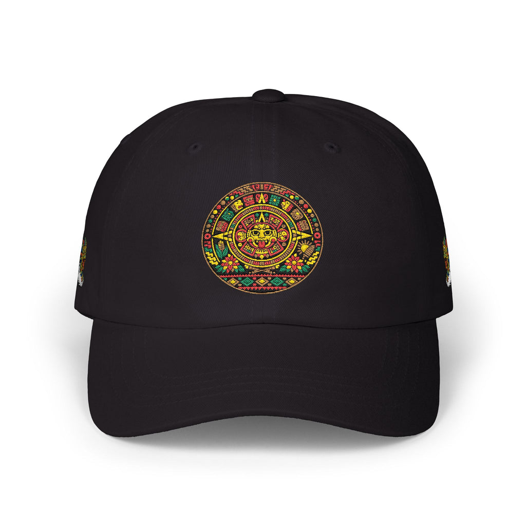 Dad Cap — Colorful Aztec Calendar & Quetzalcoatl Embroidered Hat