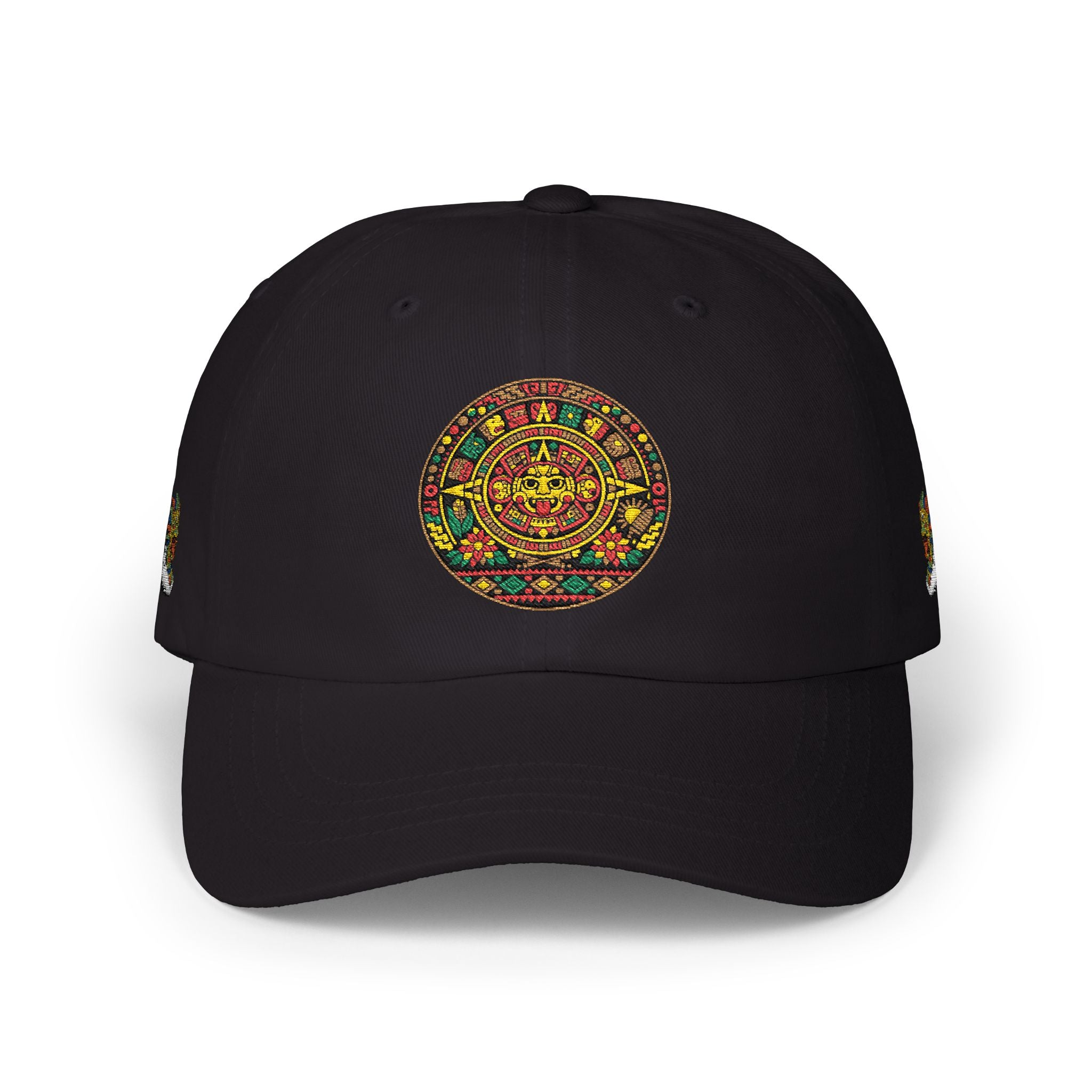 Dad Cap — Colorful Aztec Calendar & Quetzalcoatl Embroidered Hat