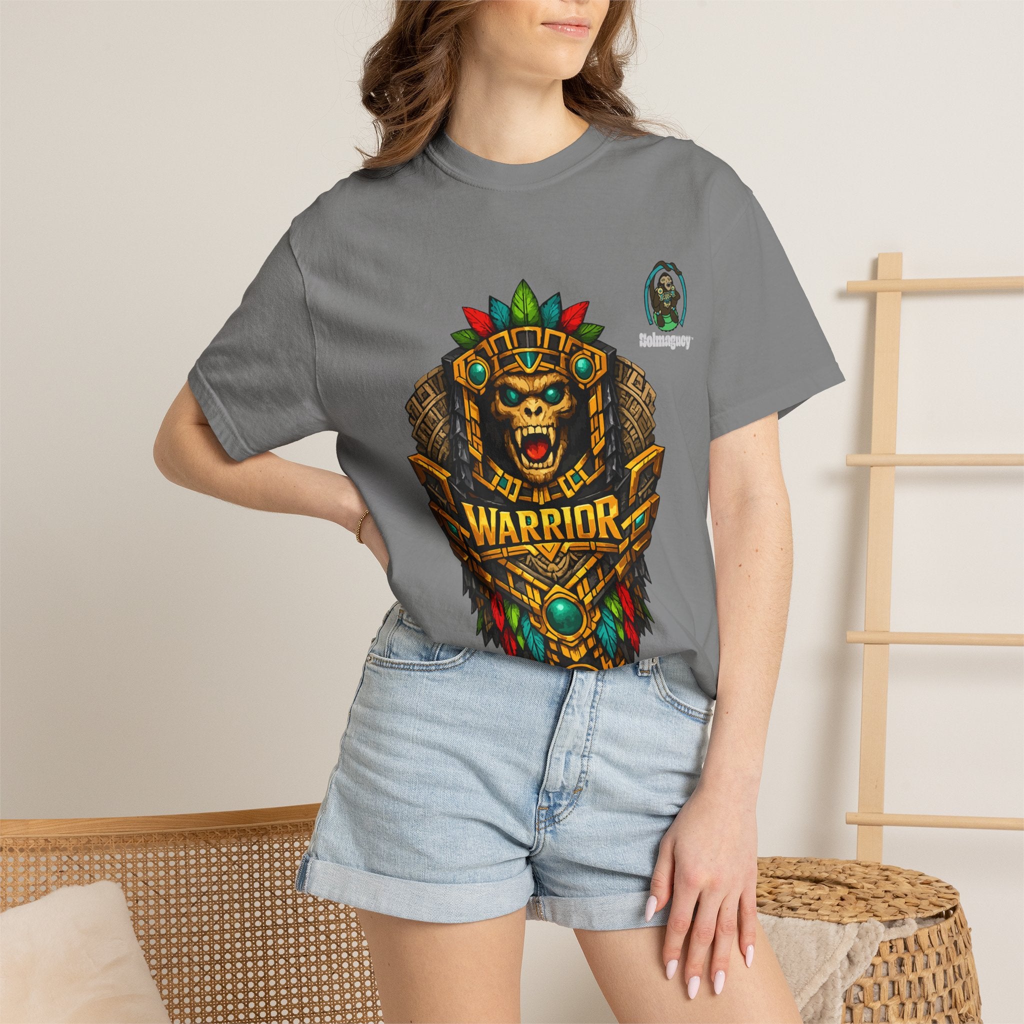 Aztec Monkey Warrior T-Shirt — Bold Warrior Emblem & Drum Warrior Back Design