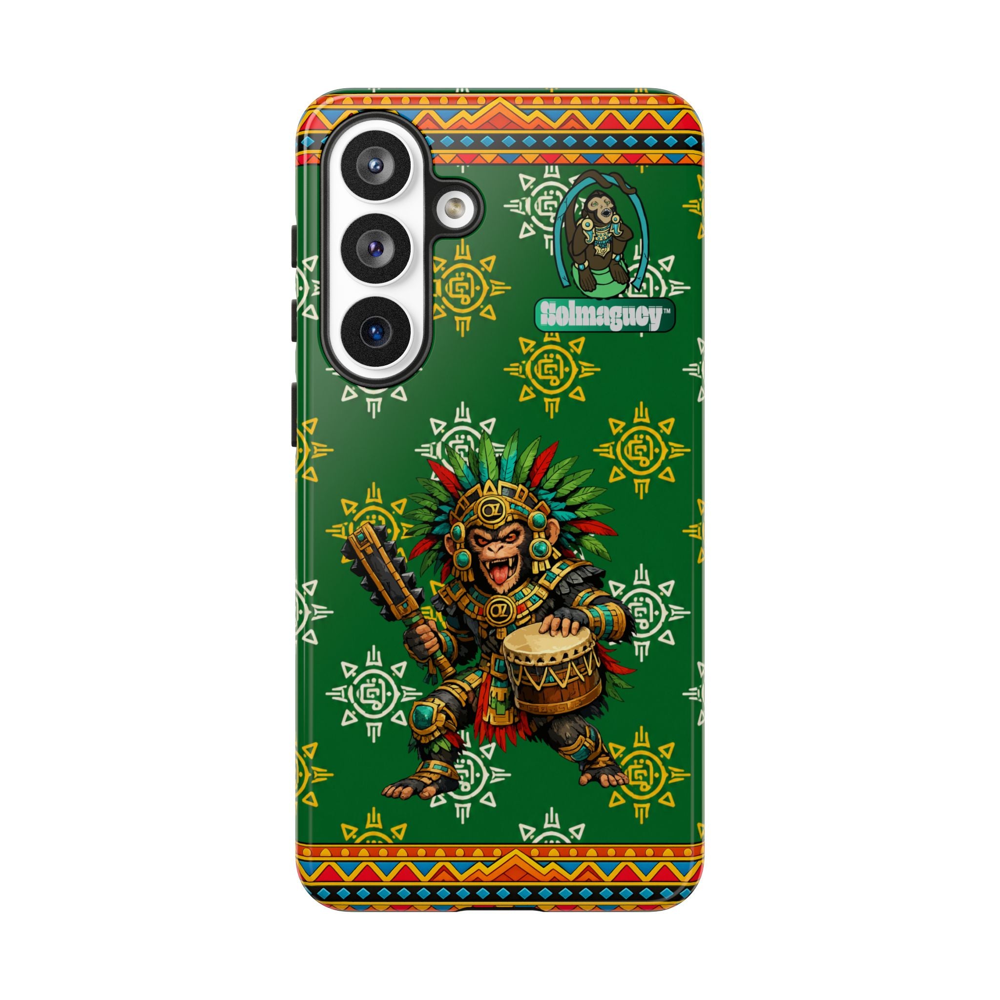 Aztec Monkey Warrior Tough Phone Case — Green Cultural Sun Pattern Protective Case