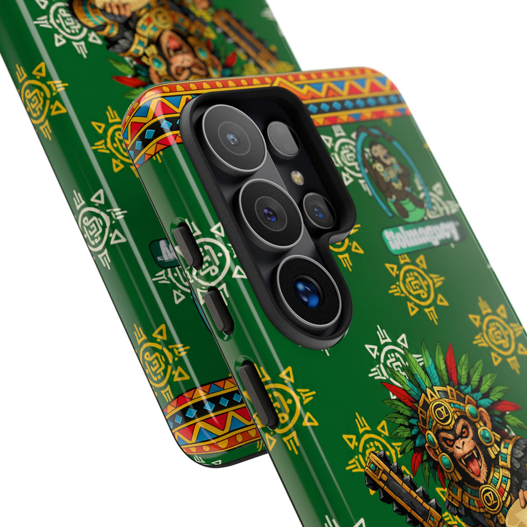 Aztec Monkey Warrior Tough Phone Case — Green Cultural Sun Pattern Protective Case