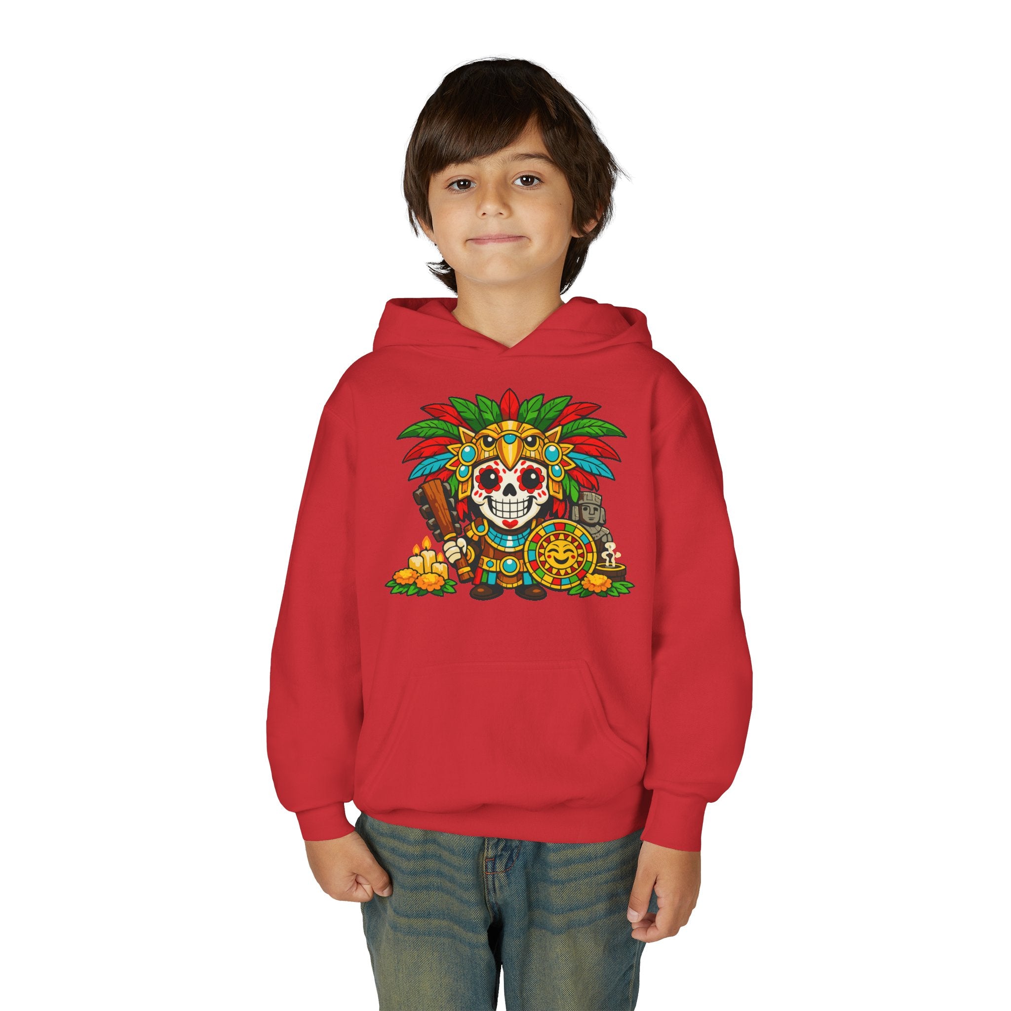 Youth Hoodie — Colorful Aztec Sugar Skull & Warrior Kids Pullover