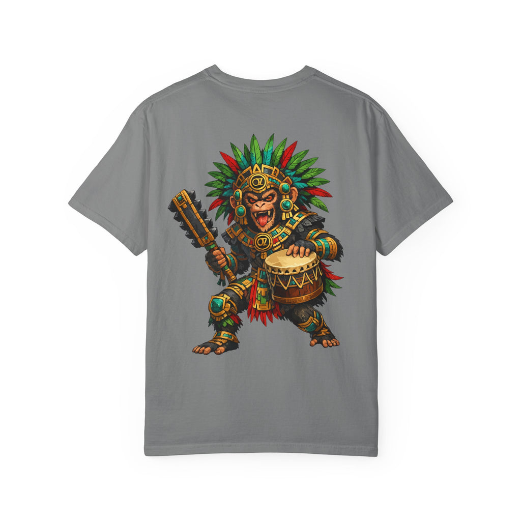 Aztec Monkey Warrior T-Shirt — Bold Warrior Emblem & Drum Warrior Back Design