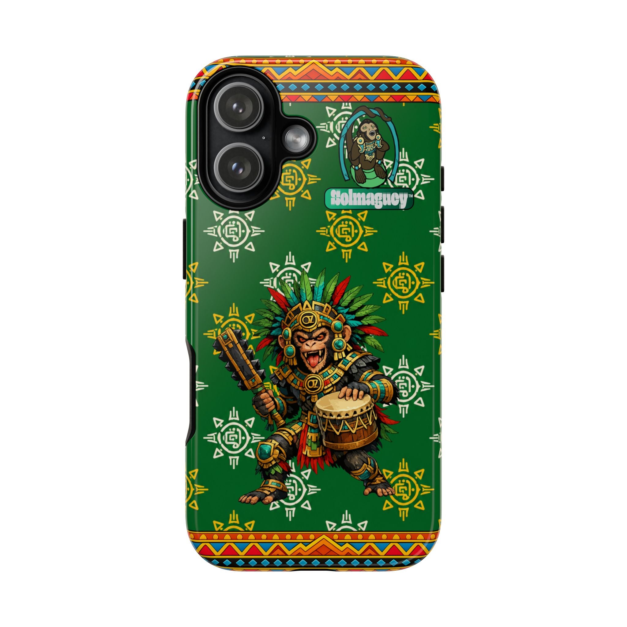 Aztec Monkey Warrior Tough Phone Case — Green Cultural Sun Pattern Protective Case
