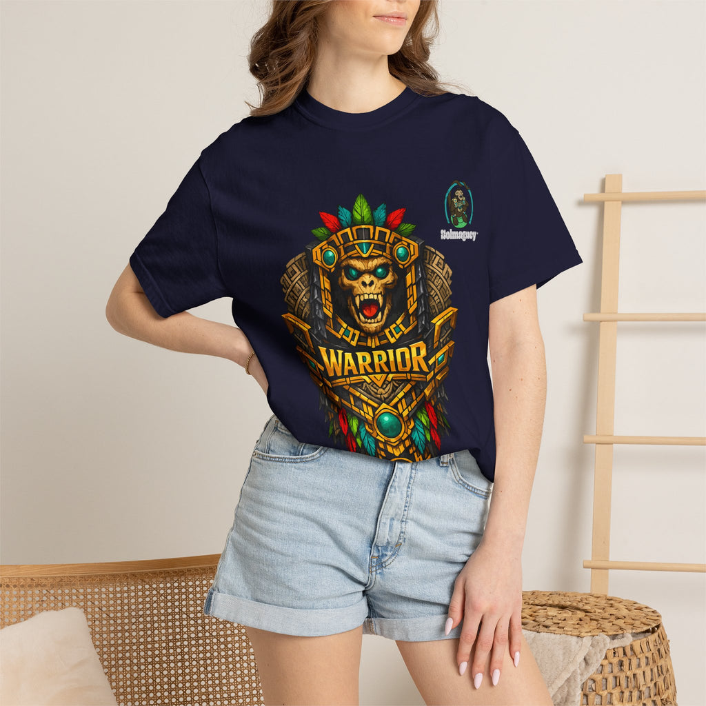 Aztec Monkey Warrior T-Shirt — Bold Warrior Emblem & Drum Warrior Back Design