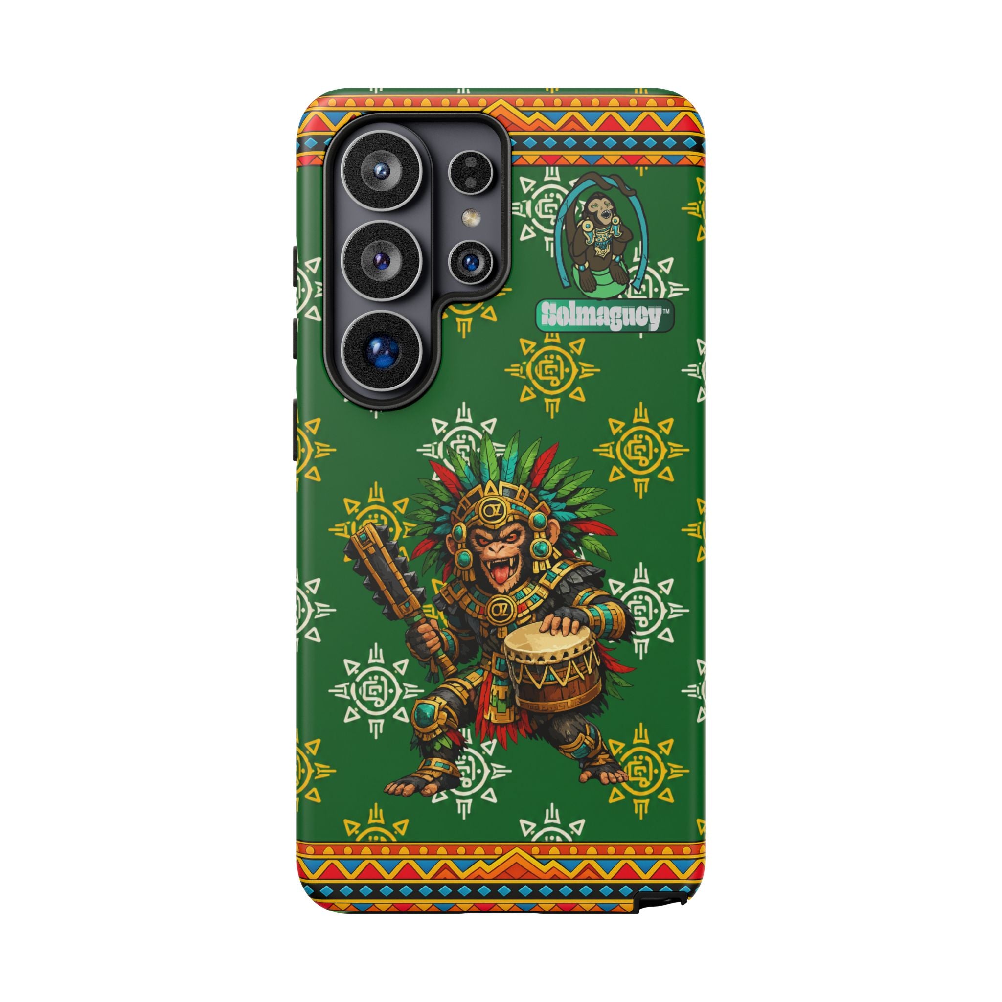 Aztec Monkey Warrior Tough Phone Case — Green Cultural Sun Pattern Protective Case