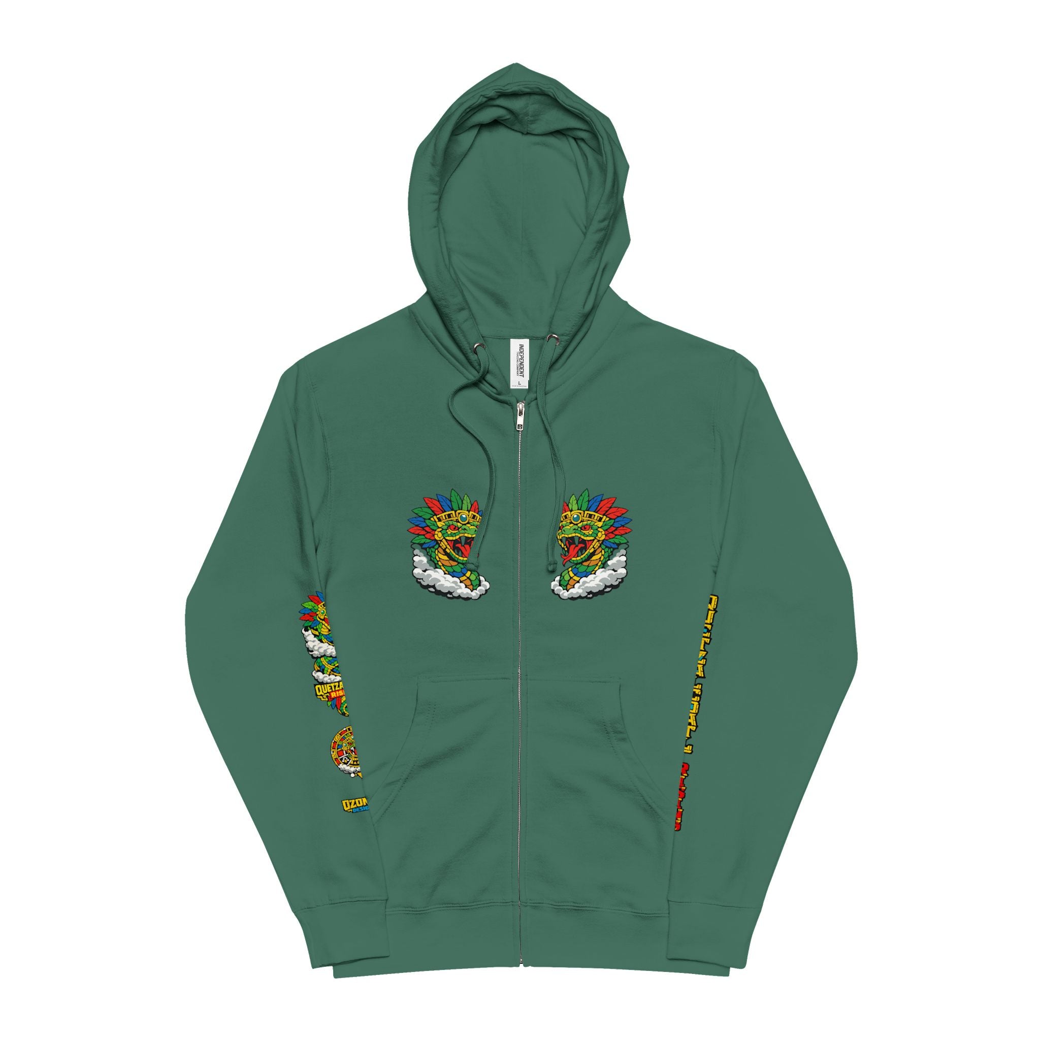 Quetzalcoatl Aztec Zip-Up Hoodie — Colorful Serpent & Calendar Design