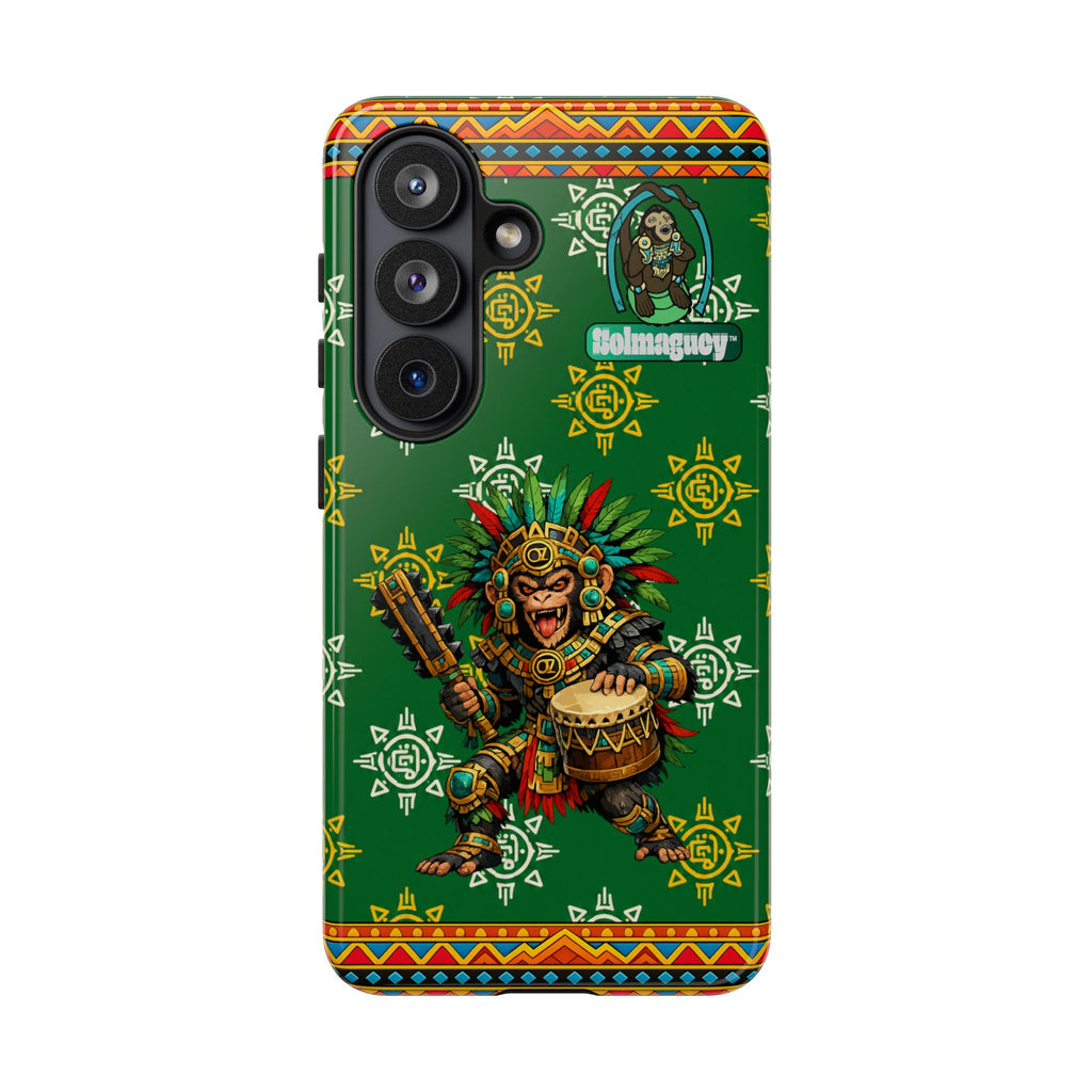 Aztec Monkey Warrior Tough Phone Case — Green Cultural Sun Pattern Protective Case