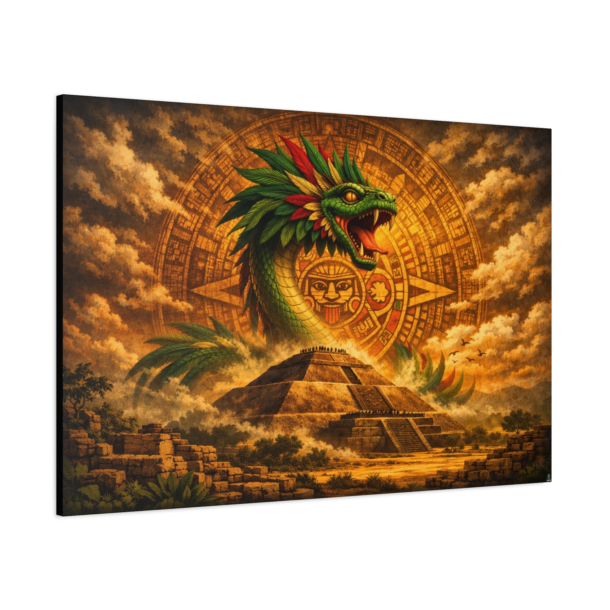 Quetzalcoatl Pyramid Canvas Wall Art – Mythic Aztec Serpent Print