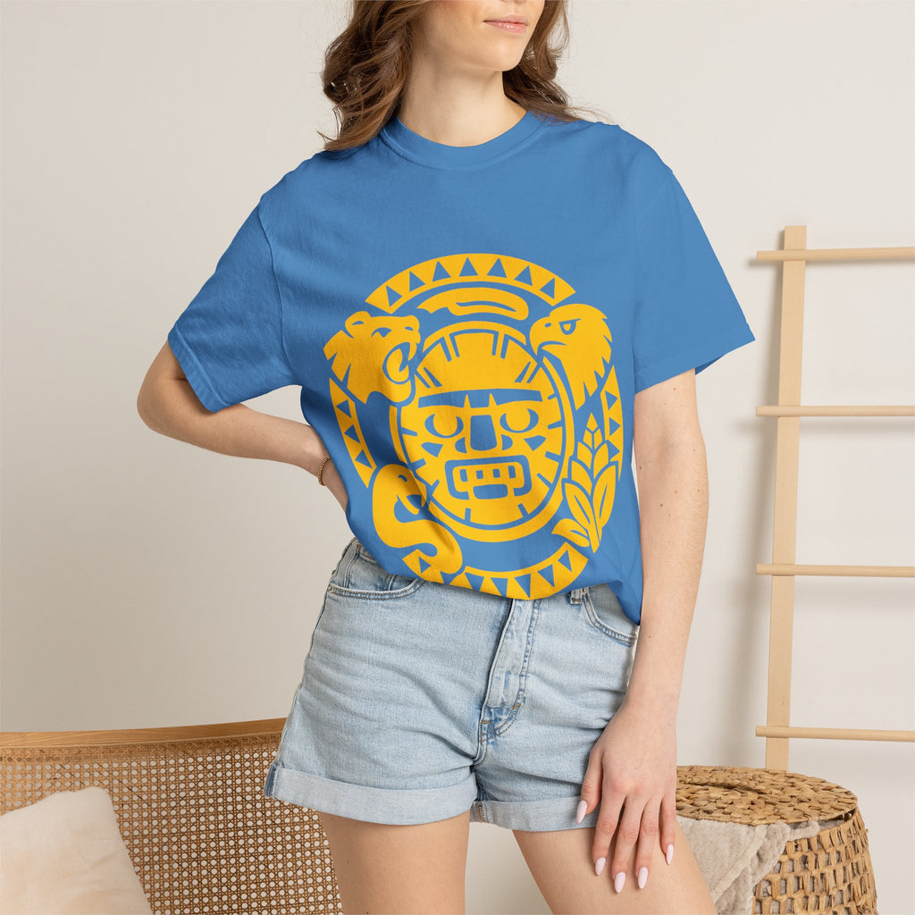 Aztec Sun Glyph T-Shirt — Yellow Graphic Tribal Tee