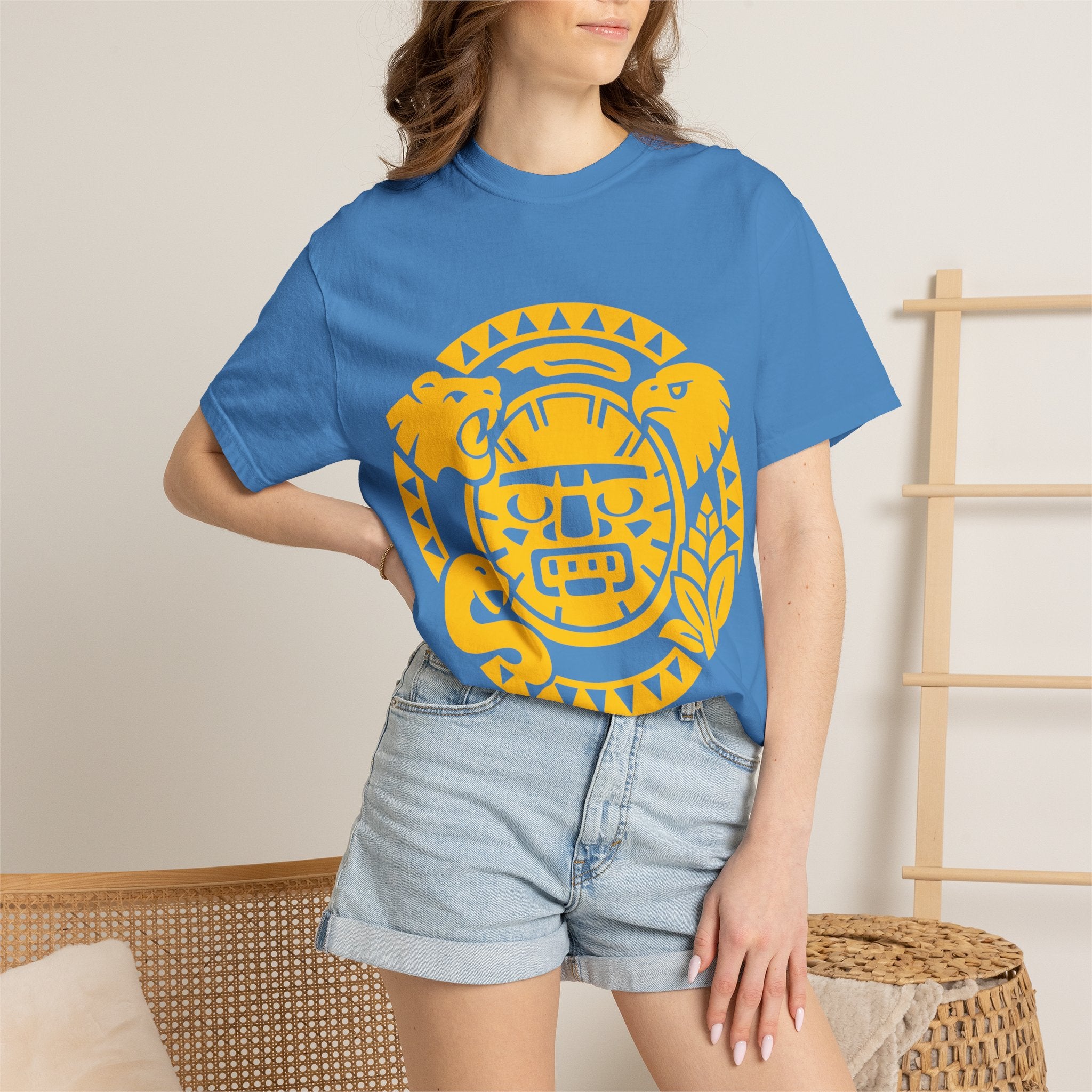 Aztec Sun Glyph T-Shirt — Yellow Graphic Tribal Tee