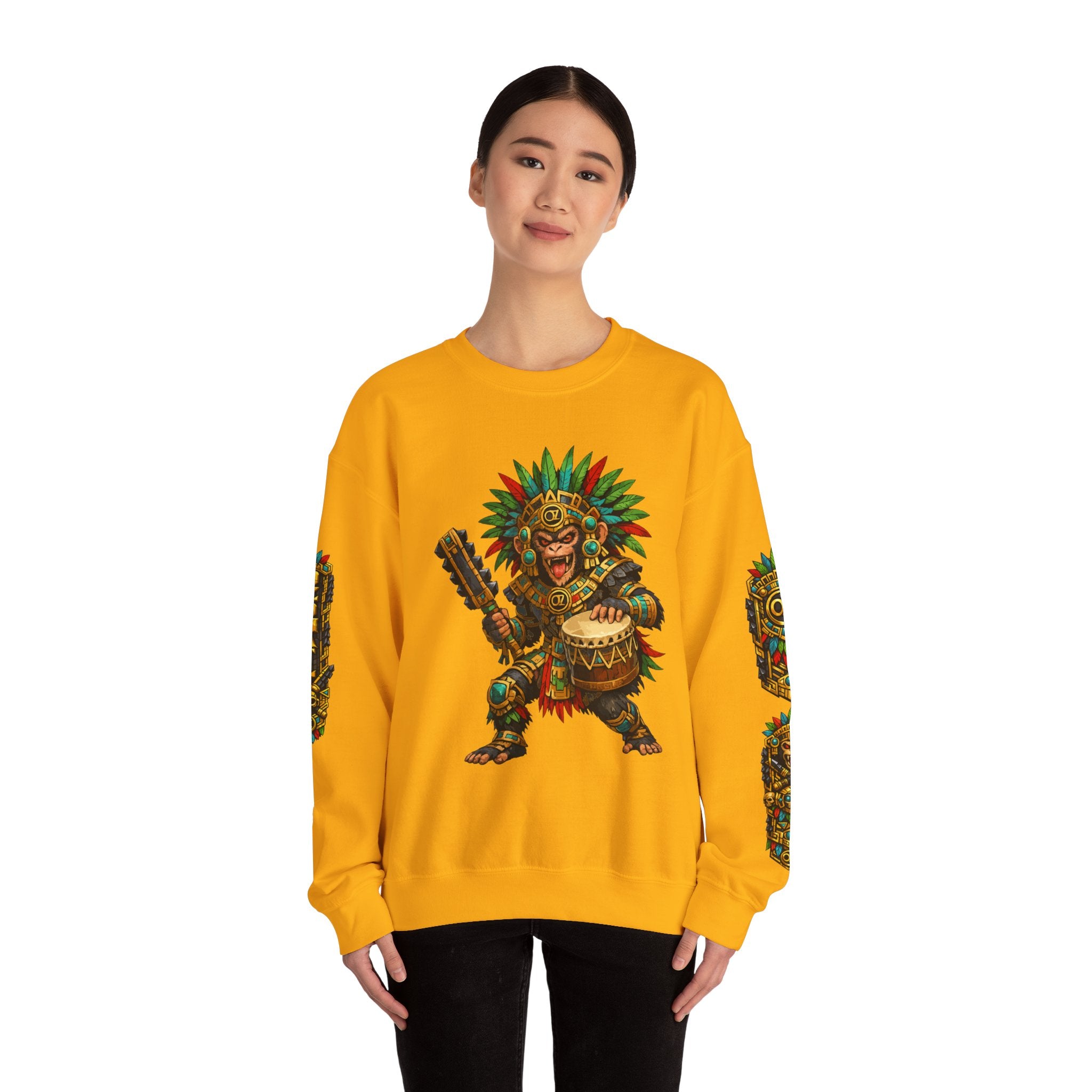Aztec Tribal Monkey Drummer Crewneck Sweatshirt — Ozomatli Drum Warrior Design