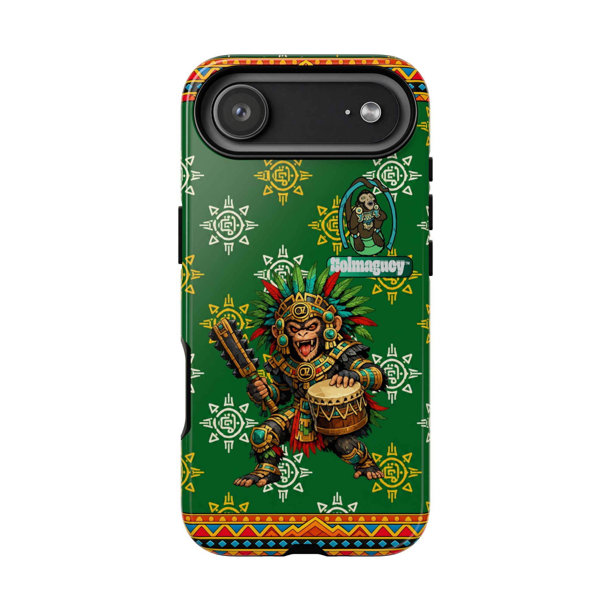Aztec Monkey Warrior Tough Phone Case — Green Cultural Sun Pattern Protective Case