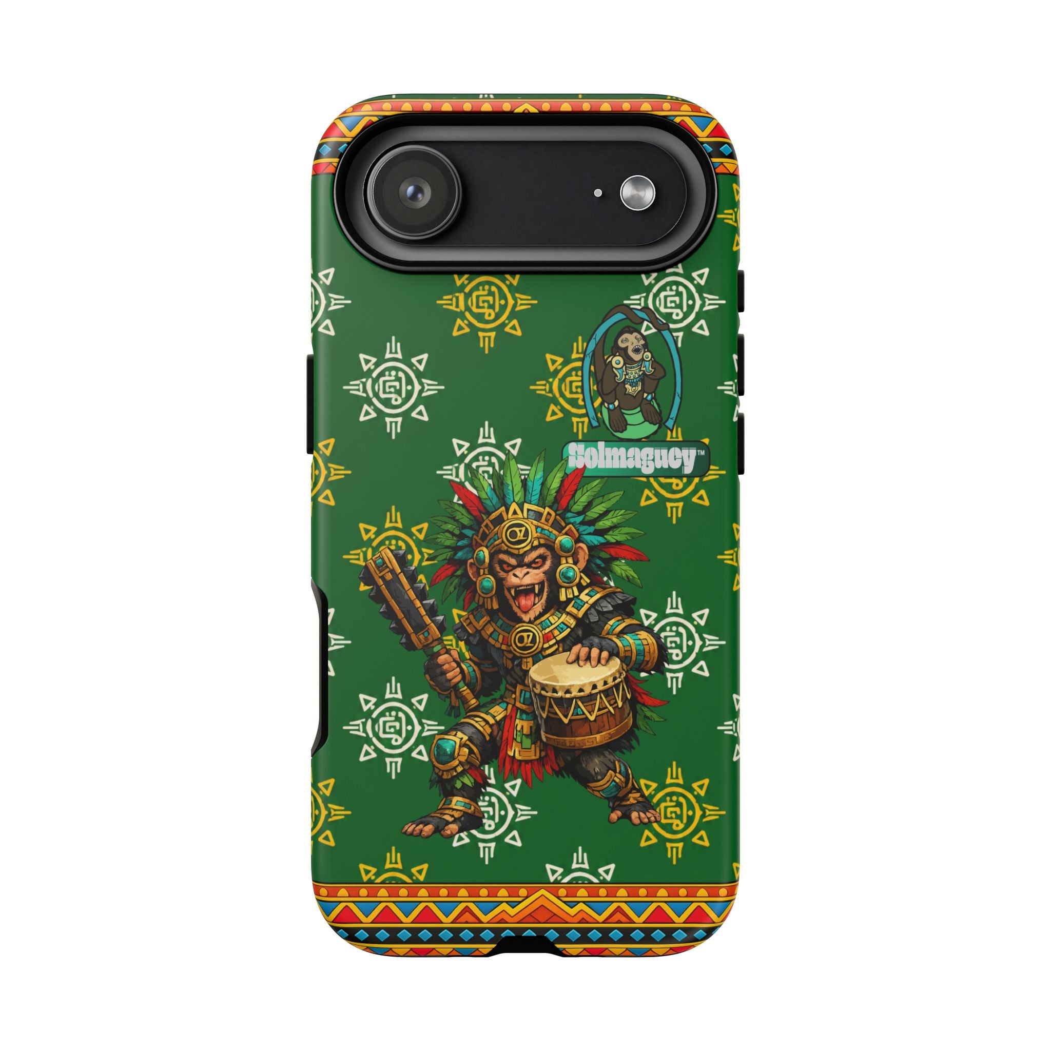 Aztec Monkey Warrior Tough Phone Case — Green Cultural Sun Pattern Protective Case