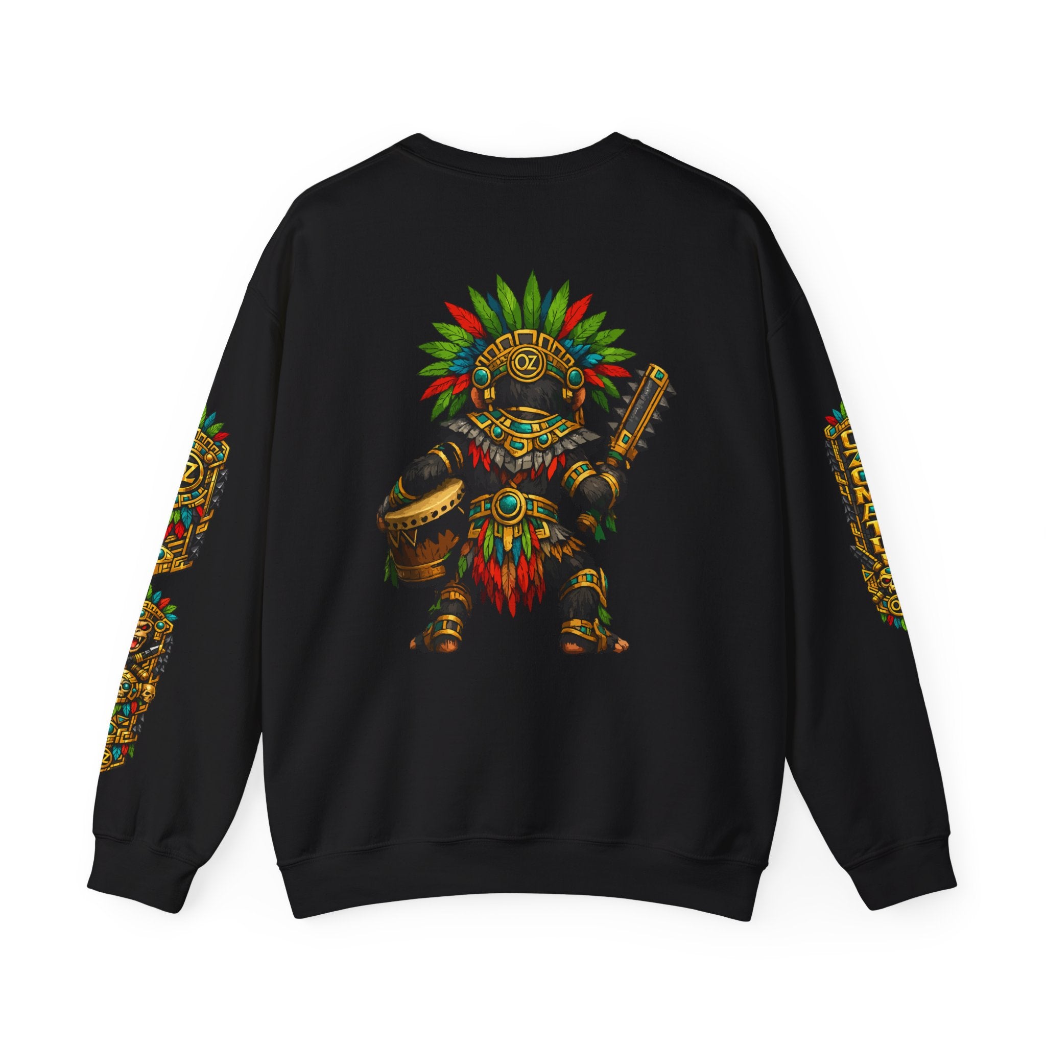 Aztec Tribal Monkey Drummer Crewneck Sweatshirt — Ozomatli Drum Warrior Design