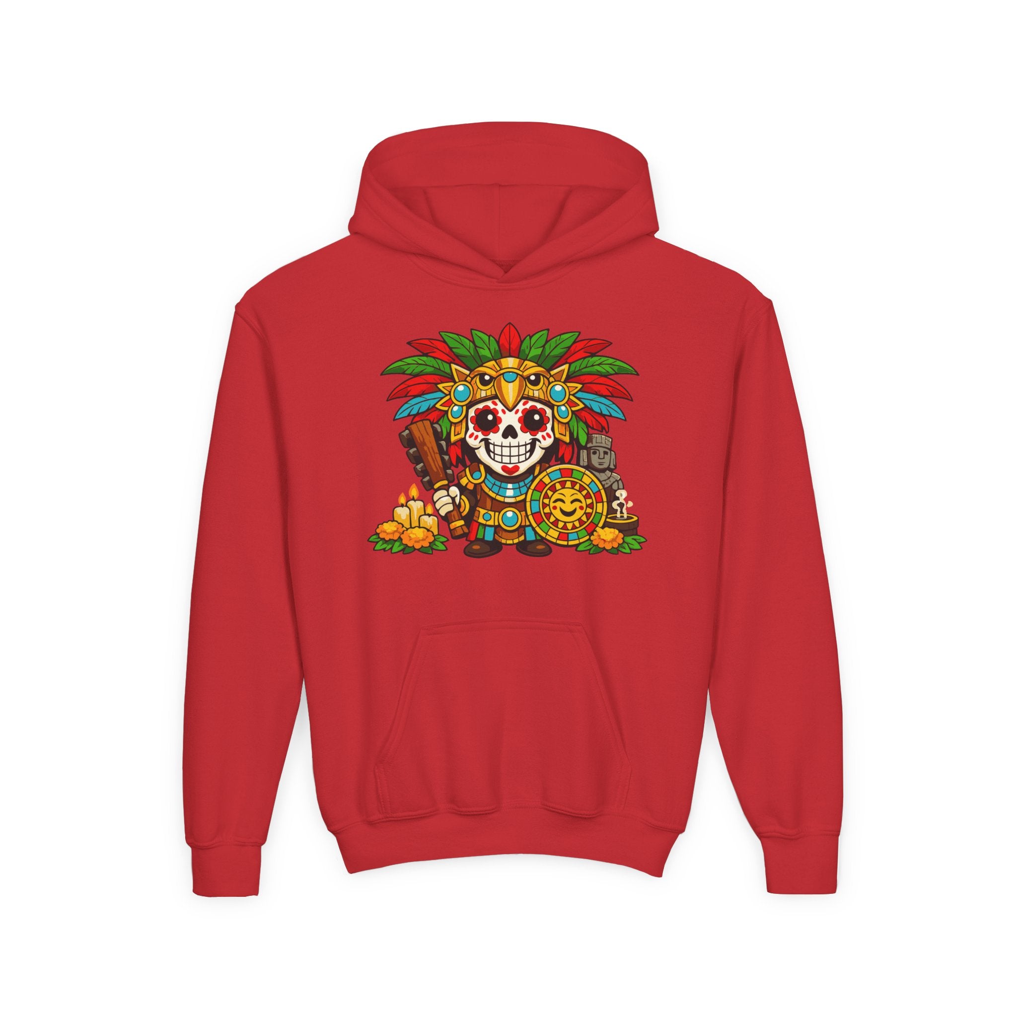 Youth Hoodie — Colorful Aztec Sugar Skull & Warrior Kids Pullover