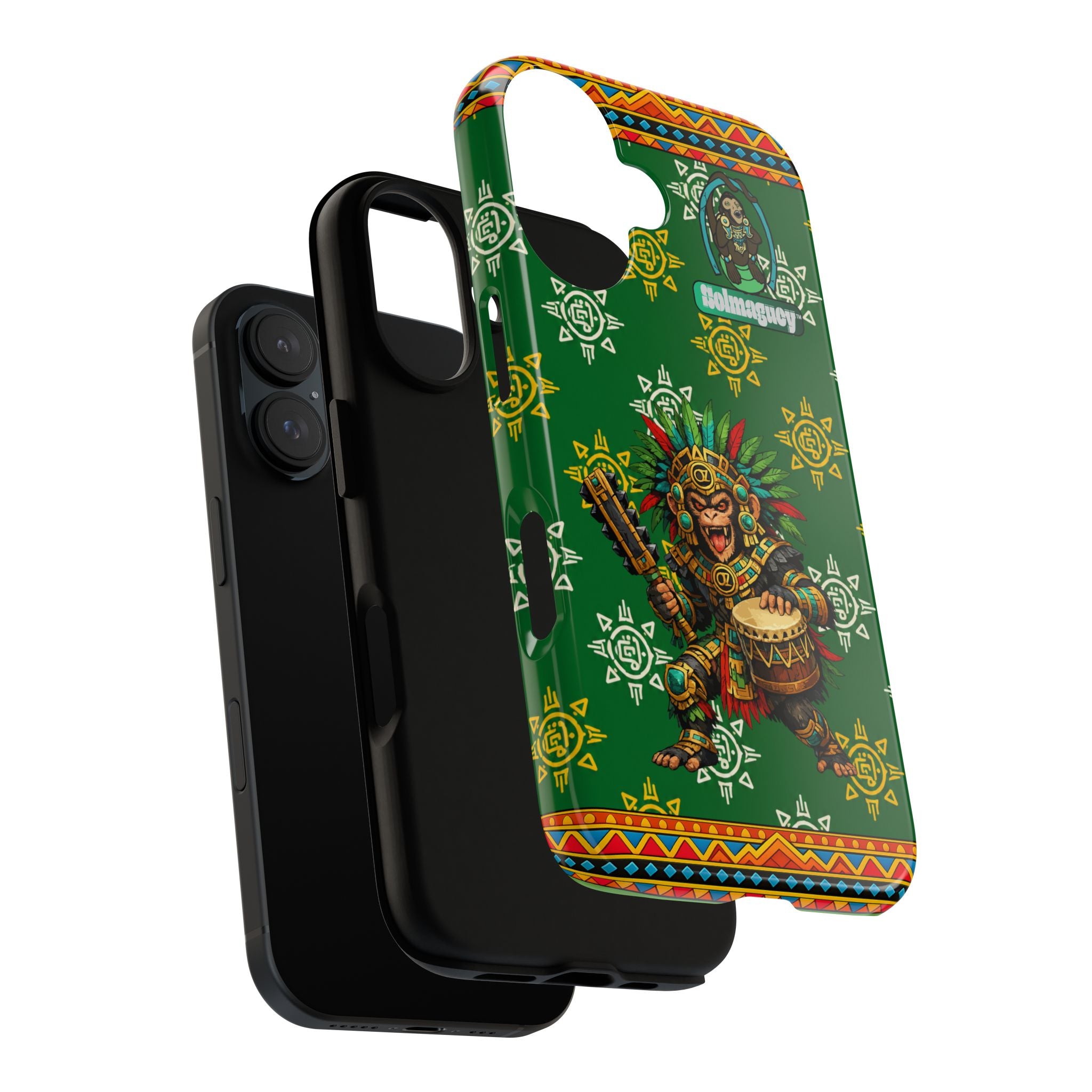 Aztec Monkey Warrior Tough Phone Case — Green Cultural Sun Pattern Protective Case