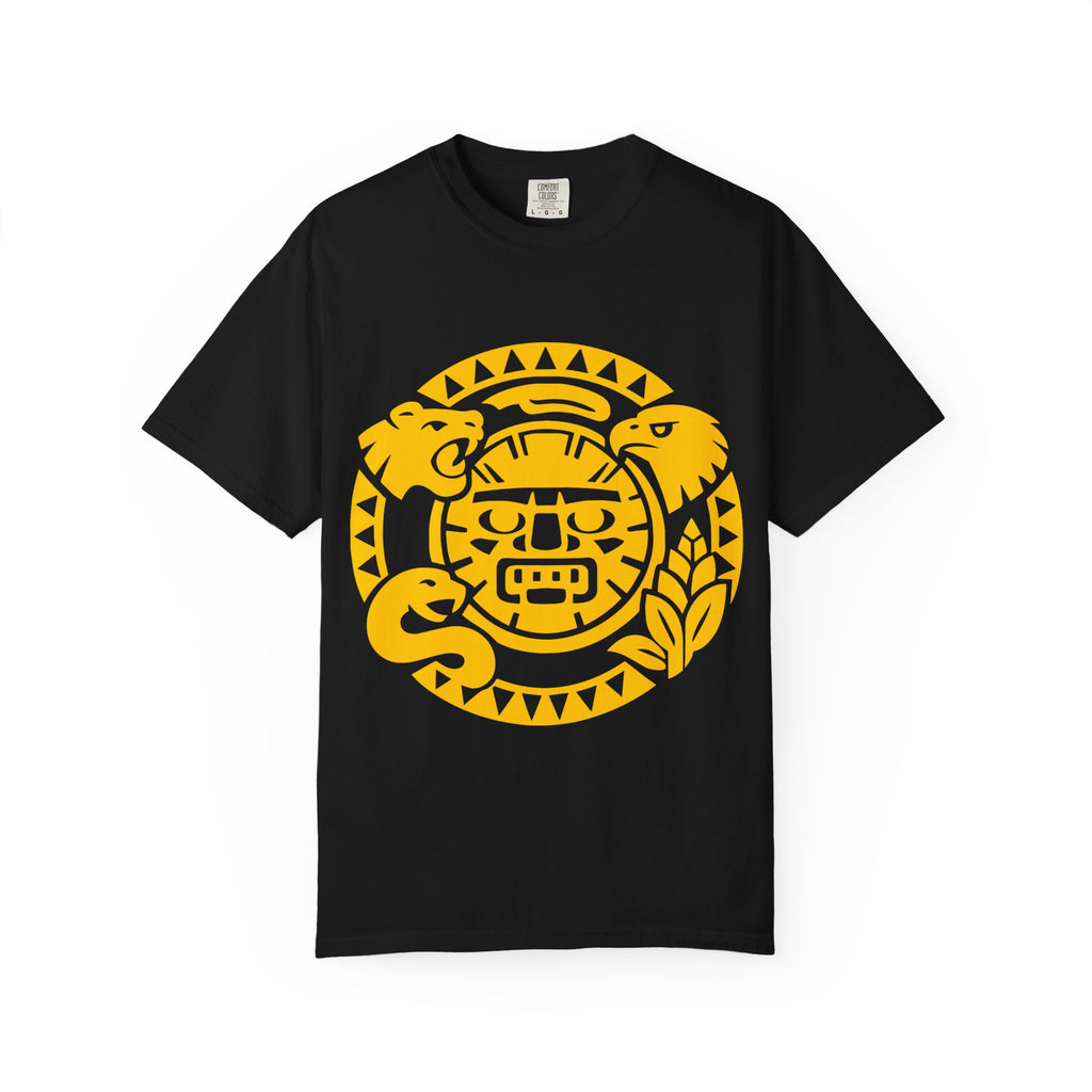 Aztec Sun Glyph T-Shirt — Yellow Graphic Tribal Tee
