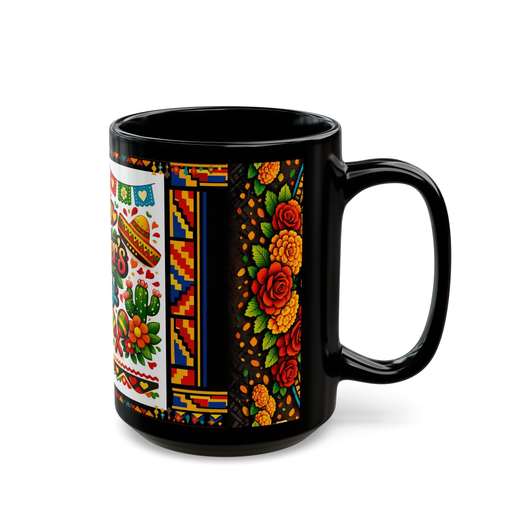 Happy Mother's Day Mexican Fiesta Mug — Colorful Floral & Sombrero Design (Black 11oz/15oz)