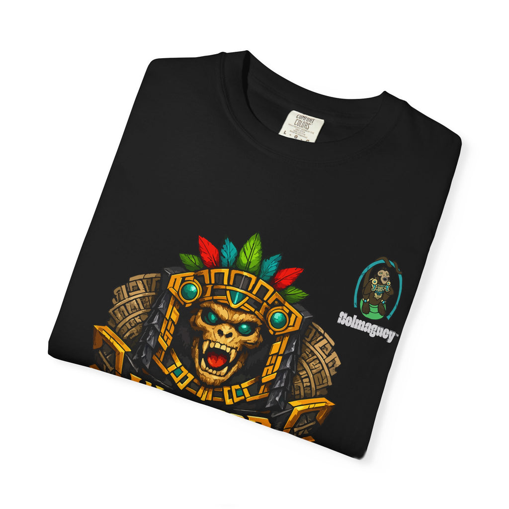 Aztec Monkey Warrior T-Shirt — Bold Warrior Emblem & Drum Warrior Back Design