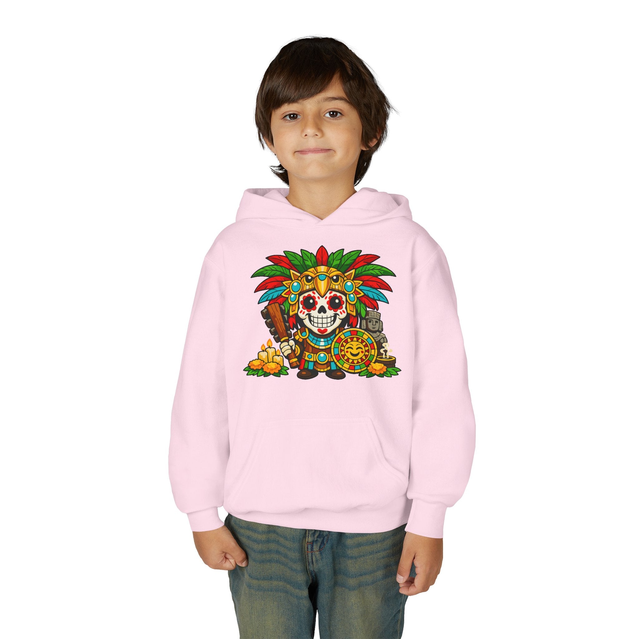 Youth Hoodie — Colorful Aztec Sugar Skull & Warrior Kids Pullover