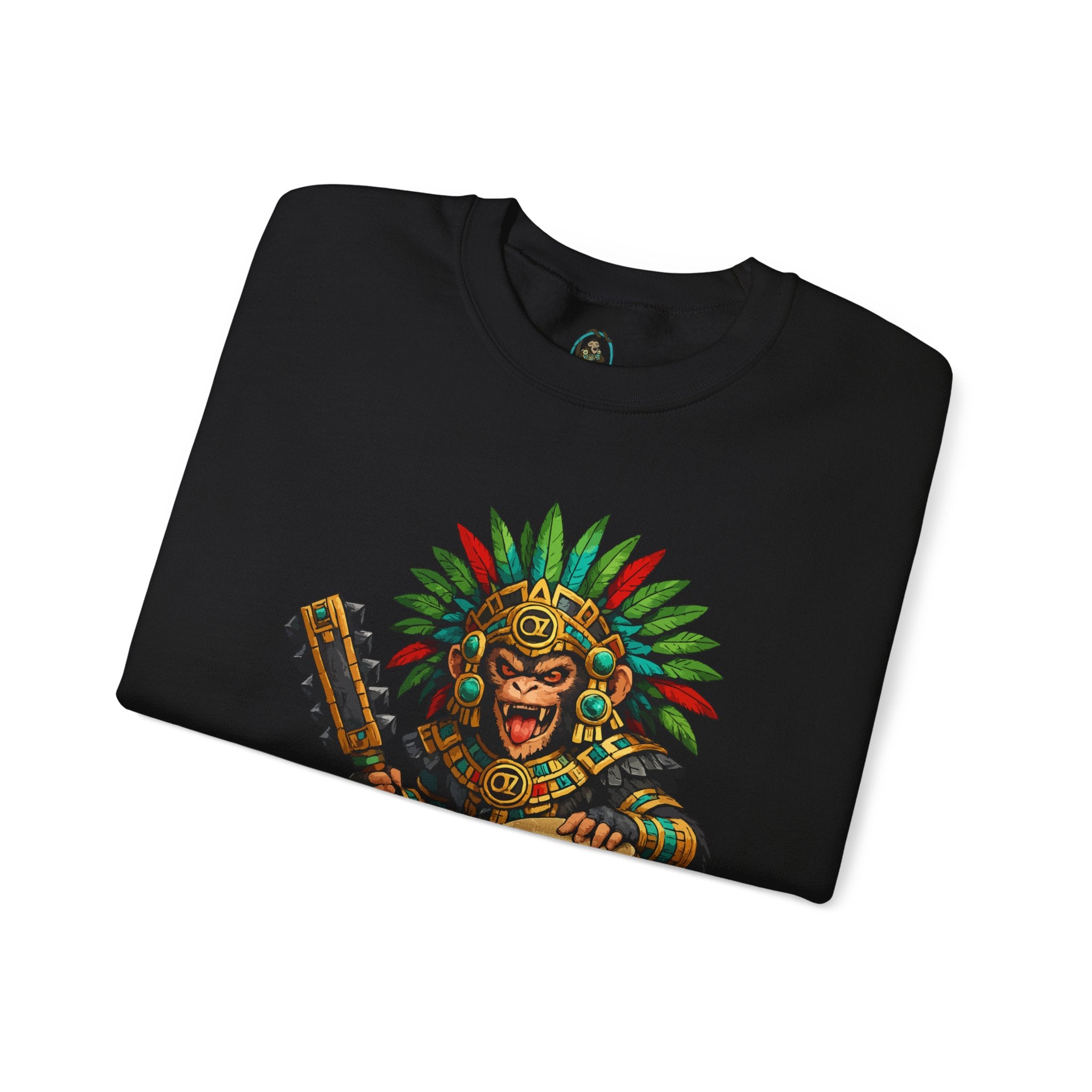 Aztec Tribal Monkey Drummer Crewneck Sweatshirt — Ozomatli Drum Warrior Design