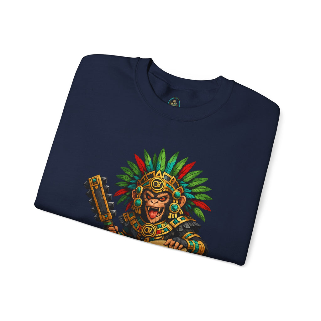 Aztec Tribal Monkey Drummer Crewneck Sweatshirt — Ozomatli Drum Warrior Design