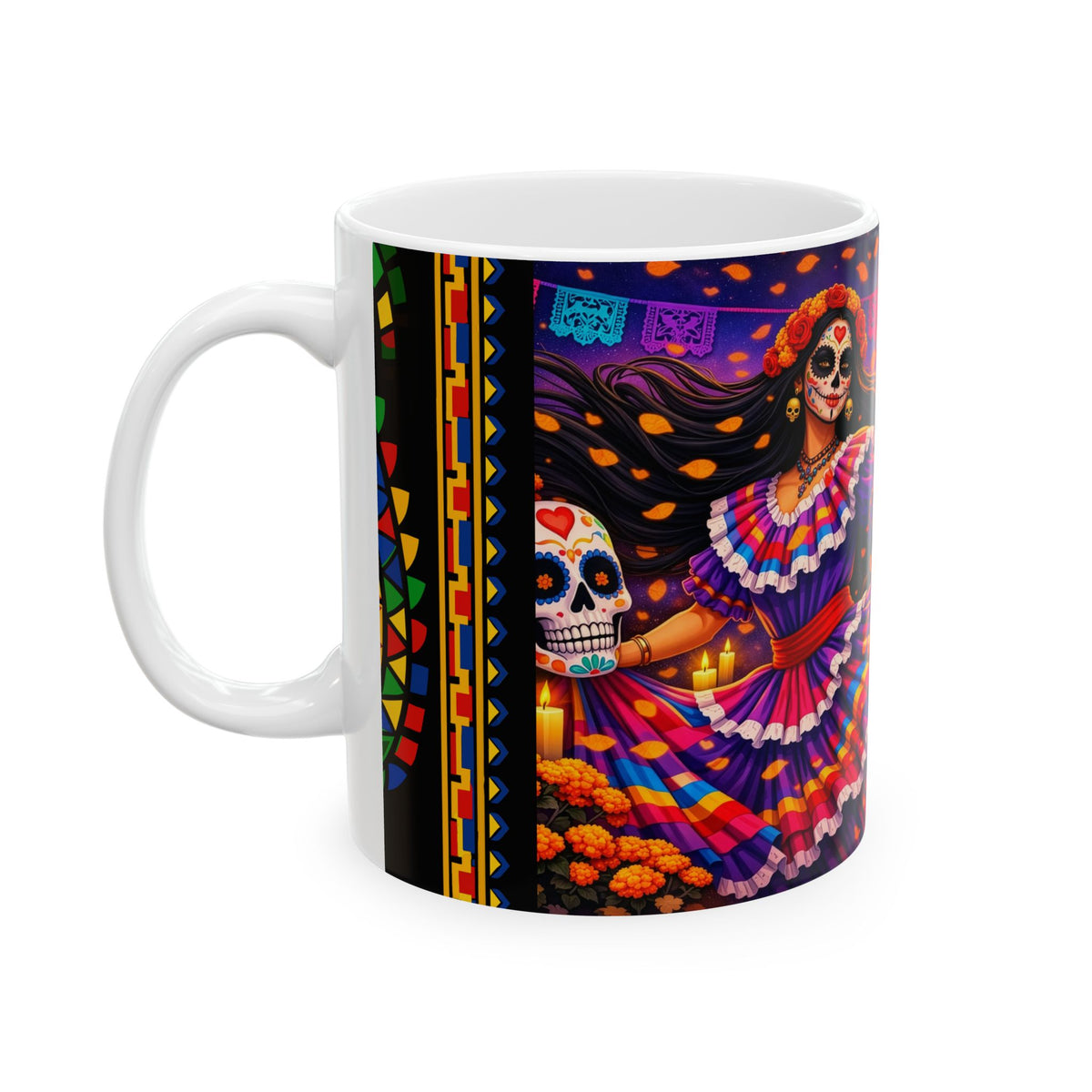 Day of the Dead Ceramic Mug — Colorful Catrina Dance Design (11oz, 15oz)
