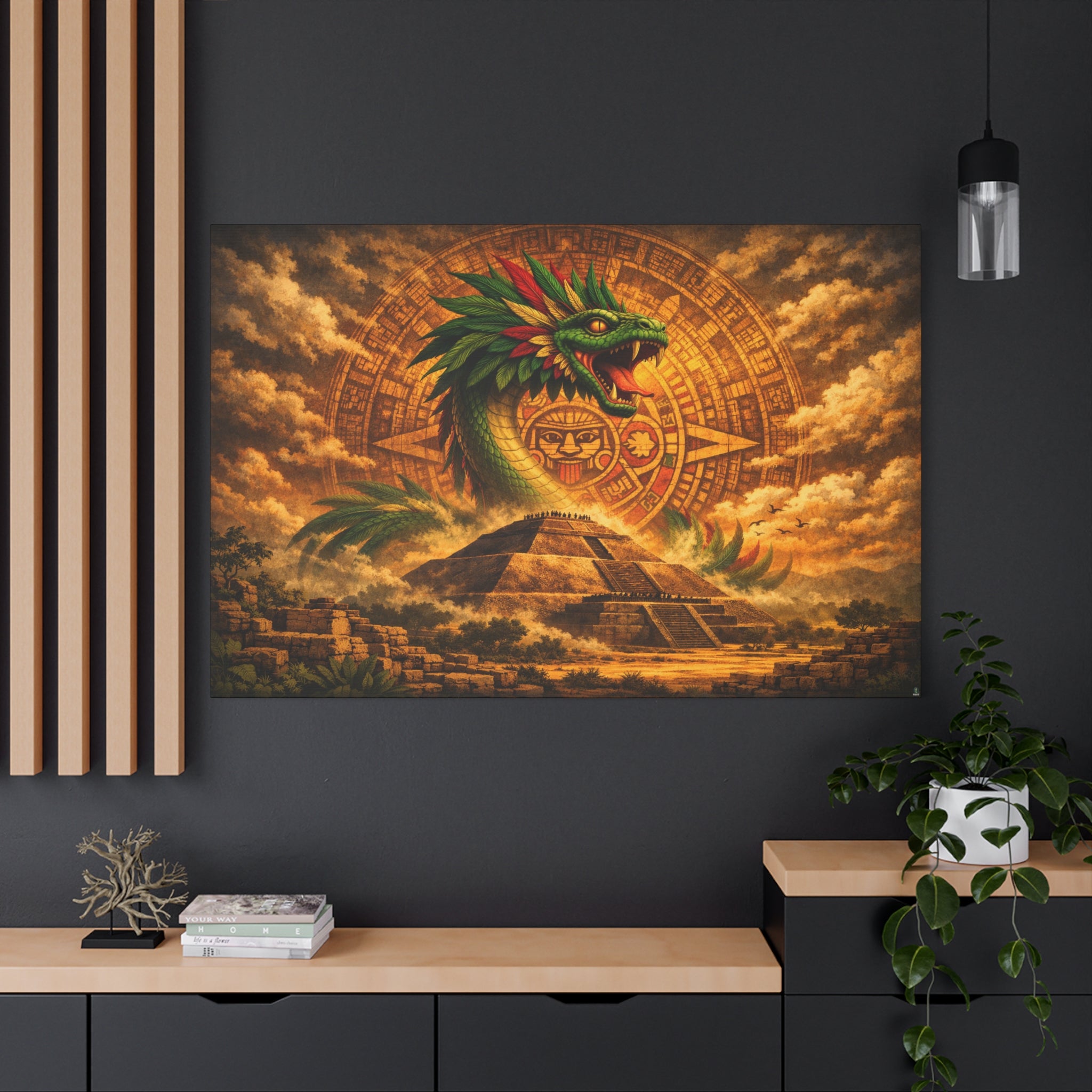 Quetzalcoatl Pyramid Canvas Wall Art – Mythic Aztec Serpent Print