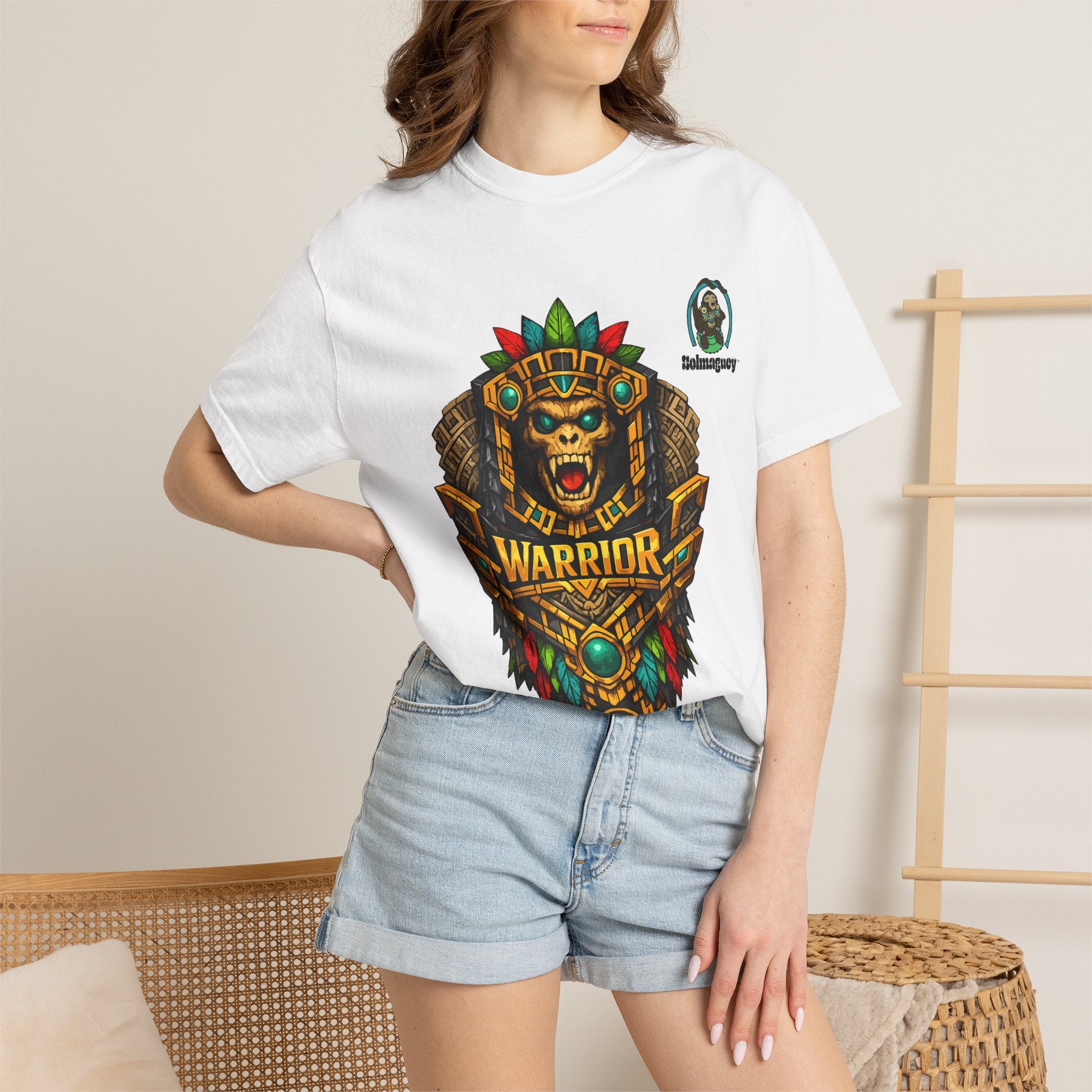 Aztec Monkey Warrior T-Shirt — Bold Warrior Emblem & Drum Warrior Back Design