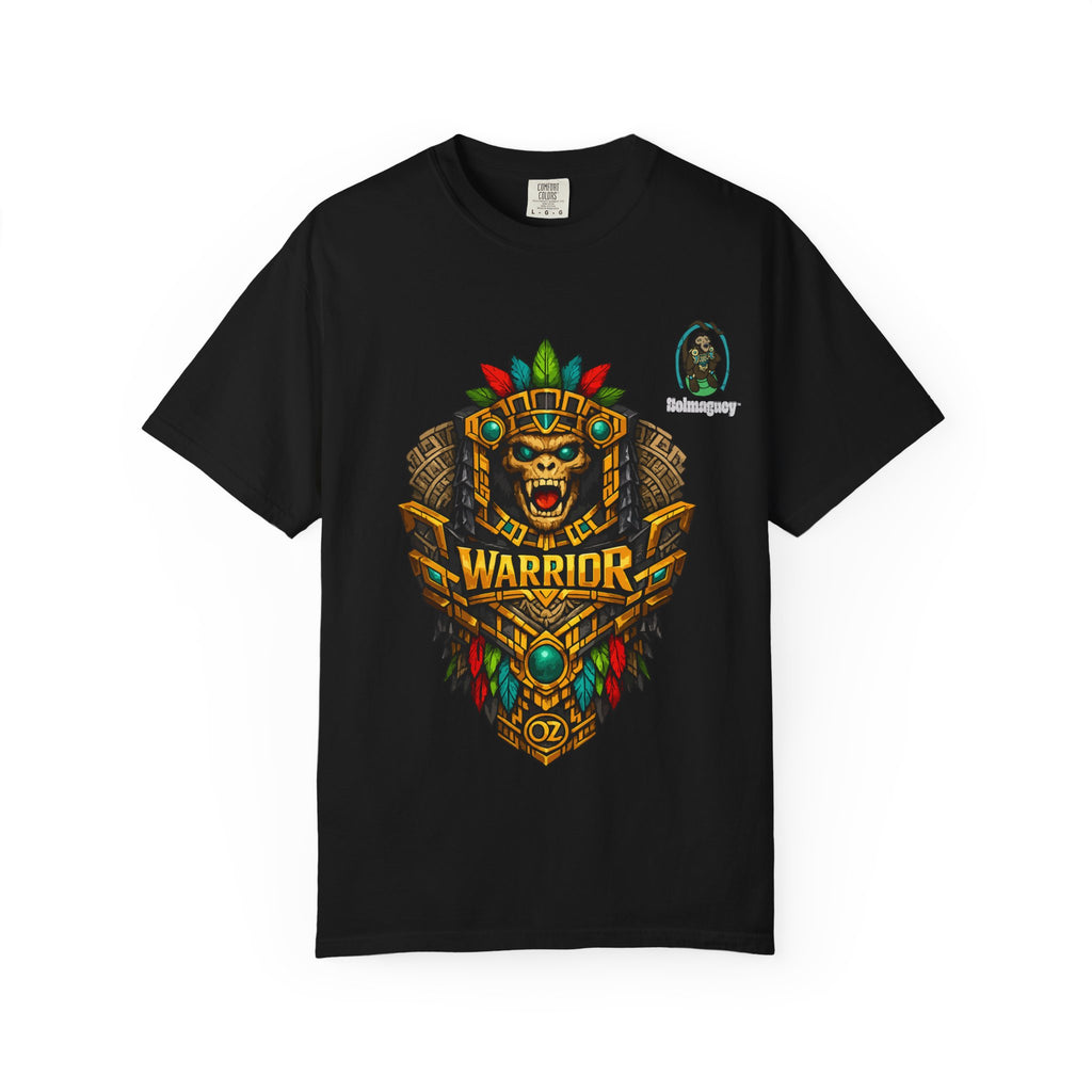 Aztec Monkey Warrior T-Shirt — Bold Warrior Emblem & Drum Warrior Back Design